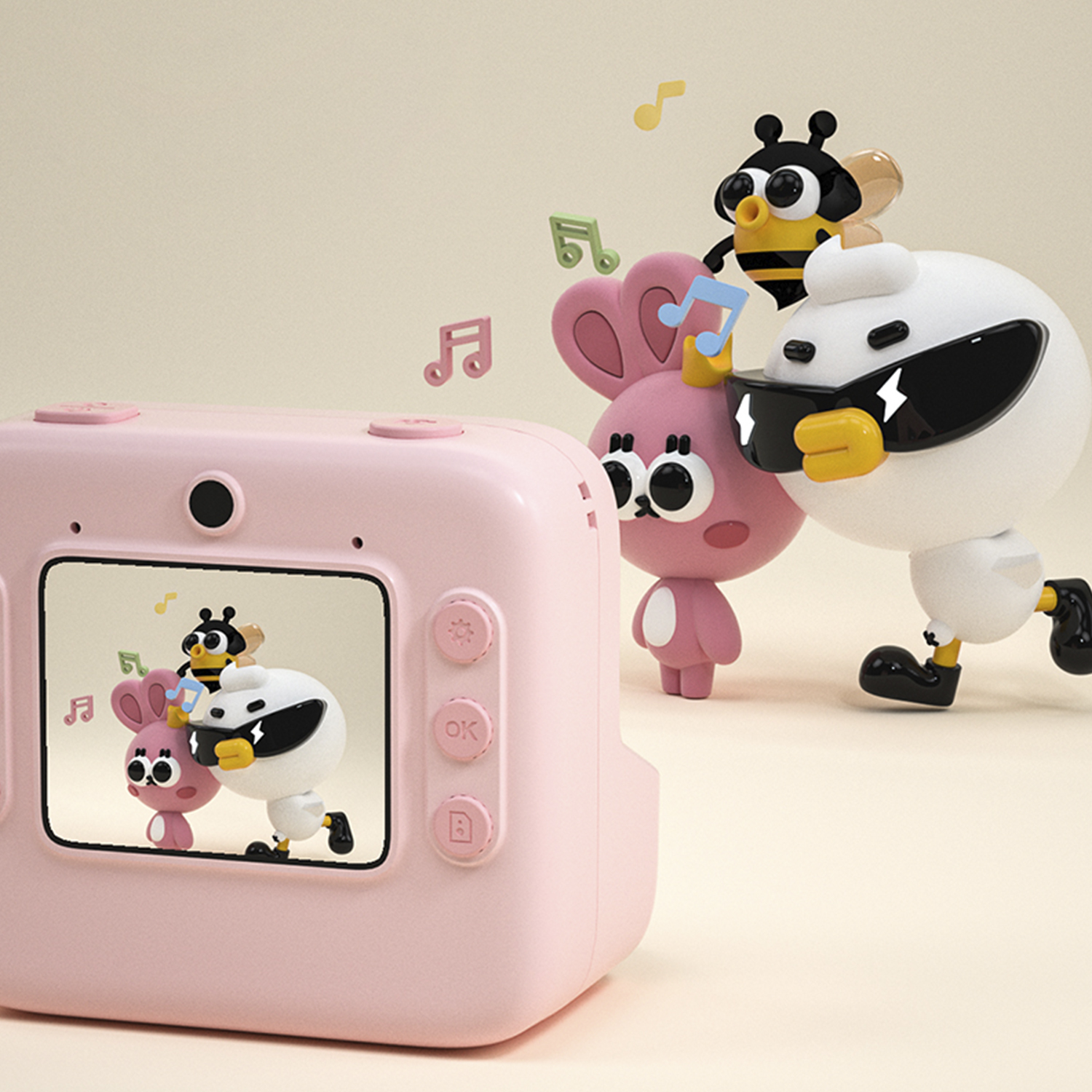 Una cámara rosa con abejas de dibujos animados, conejos y notas musicales. Una escena se muestra.