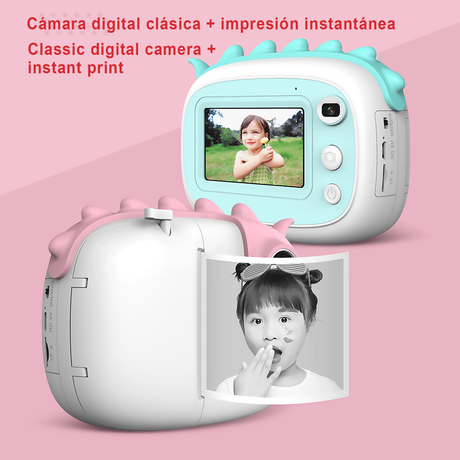 Cámara digital para niños con una foto impresa debajo. La cámara es azul y blanca con diseño de dinosaurio.