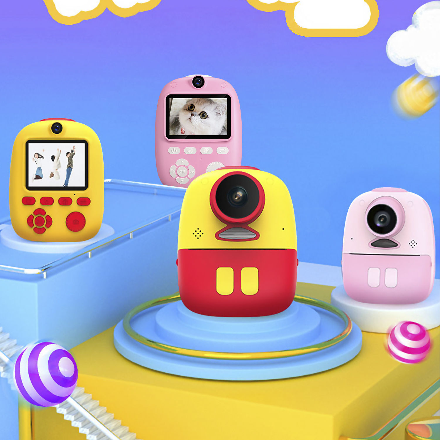 Varias cámaras para niños coloridas con un fondo azul y amarillo con nubes.