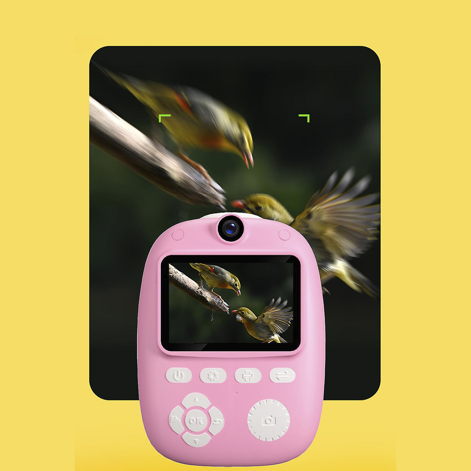 Cámara digital rosa que muestra dos pájaros en una rama. Fondo amarillo.