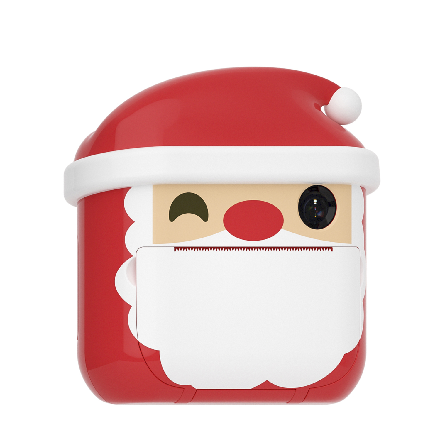 Una cámara con temática de Papá Noel. Es roja, con barba blanca, ojos y expresión guiñando.