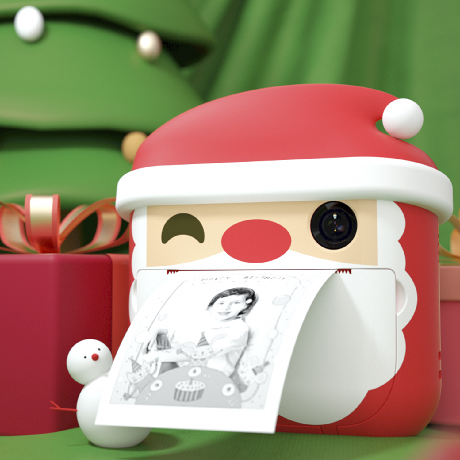 Una impresora de fotos instantáneas con forma de Papá Noel, con una foto.
