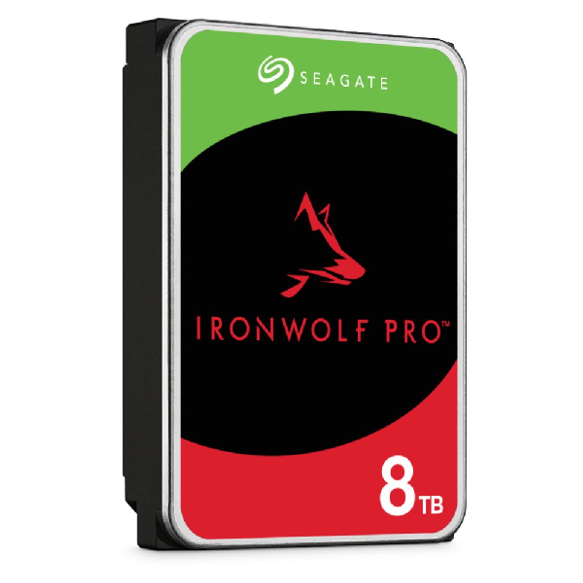 Dysk twardy z zielonymi, czarnymi i czerwonymi etykietami. Tekst: IronWolf Pro i 8TB. Logo Seagate.