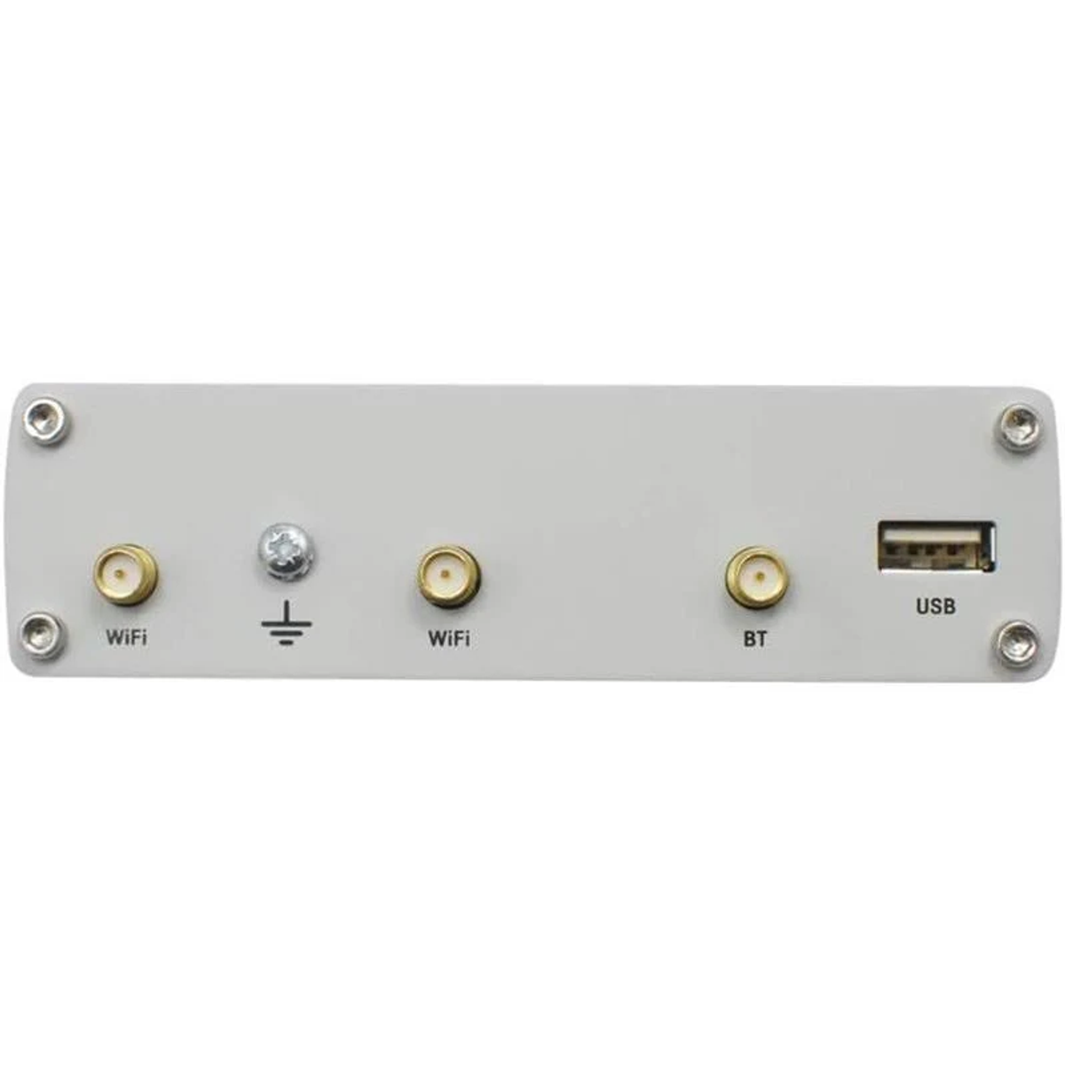 Szare urządzenie elektroniczne z portami WiFi, BT i USB. Białe tło.