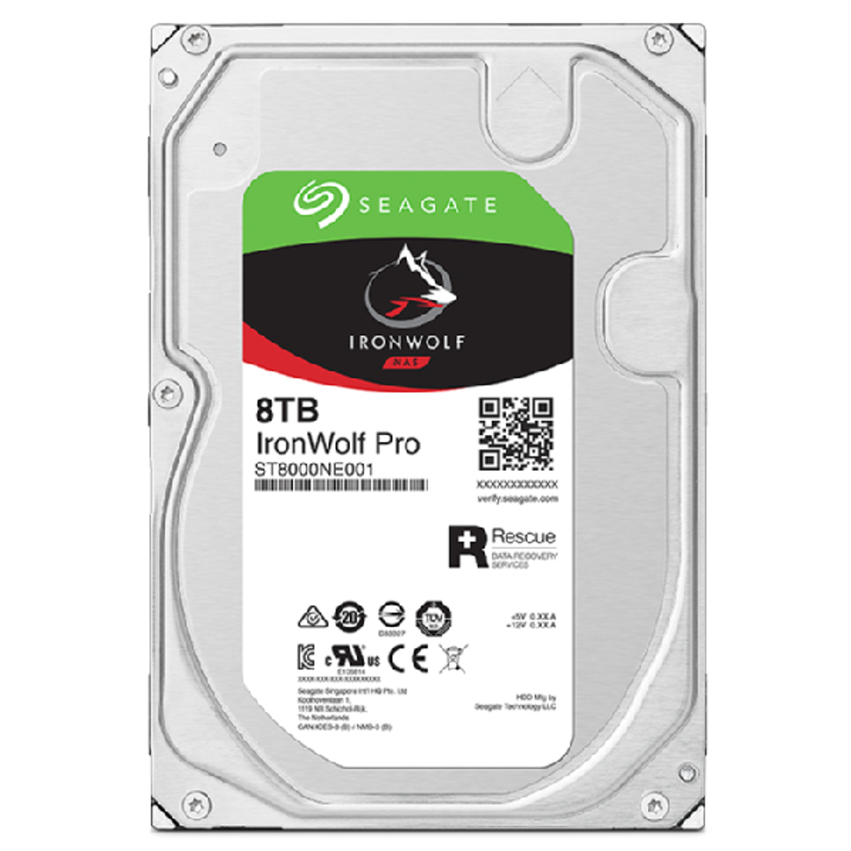 Dysk twardy Seagate IronWolf Pro 8TB. Srebrna obudowa z etykietami.