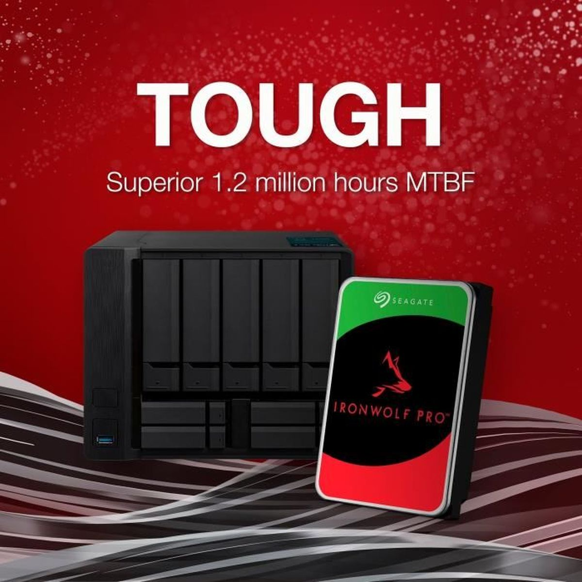 Czarny NAS z dyskiem Seagate Ironwolf Pro. Czerwone tło z tekstem.