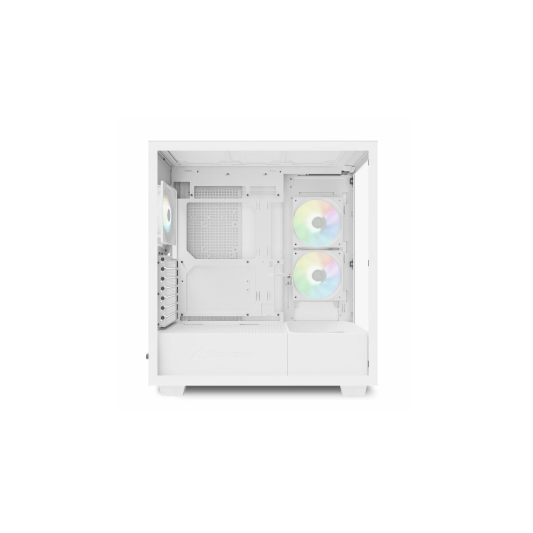 A white computer case with internal components visible. Two fans are inside.