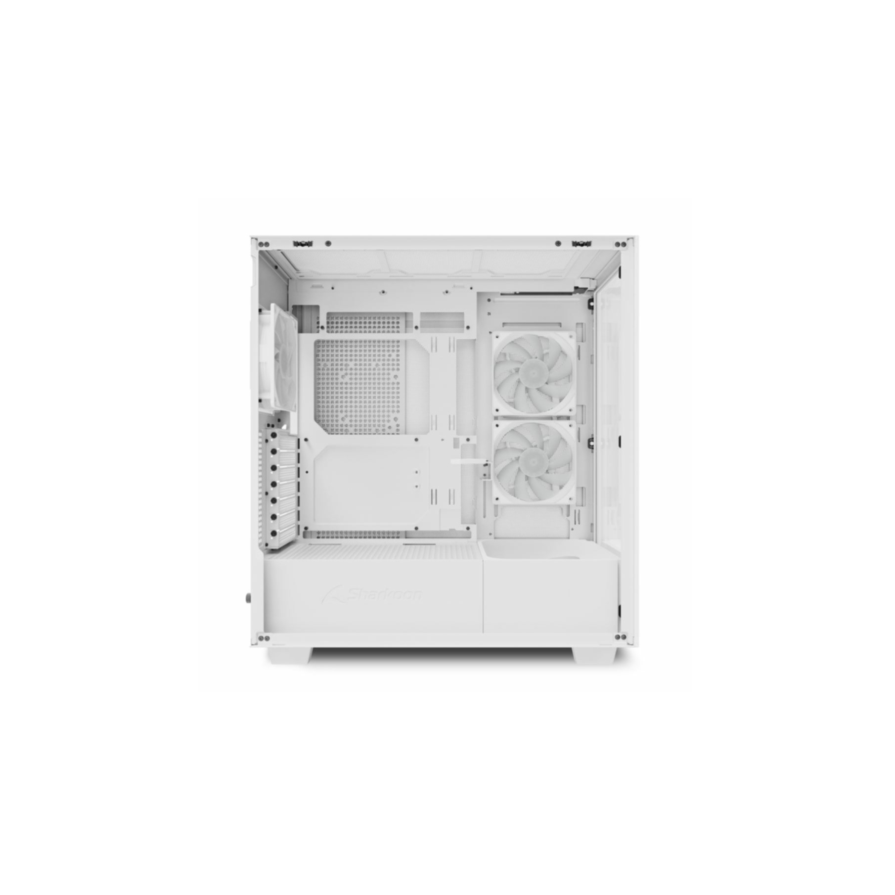 White computer case interior with fans and components. White interior, white background.