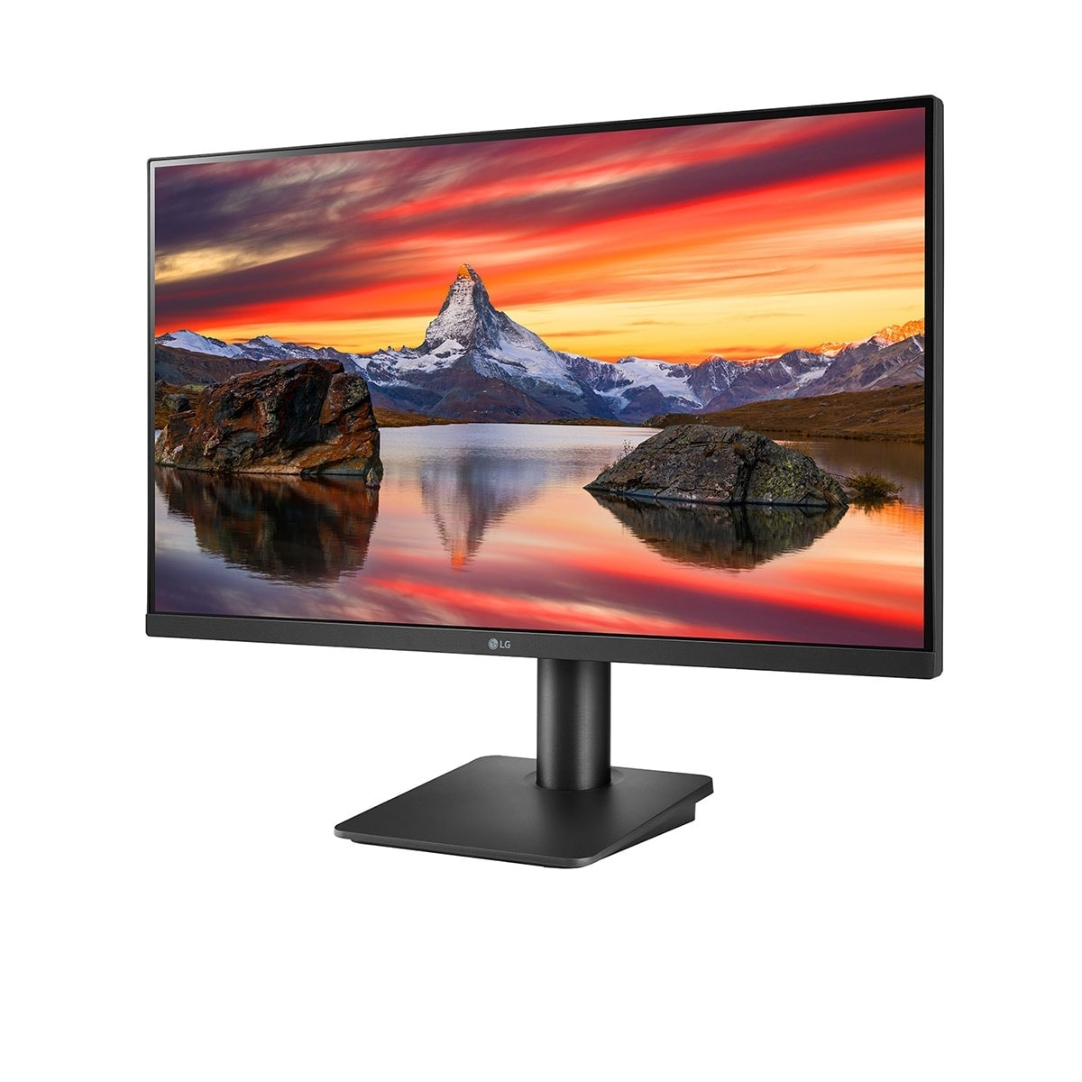 Monitor LG con immagine del tramonto. Supporto nero, sfondo bianco.