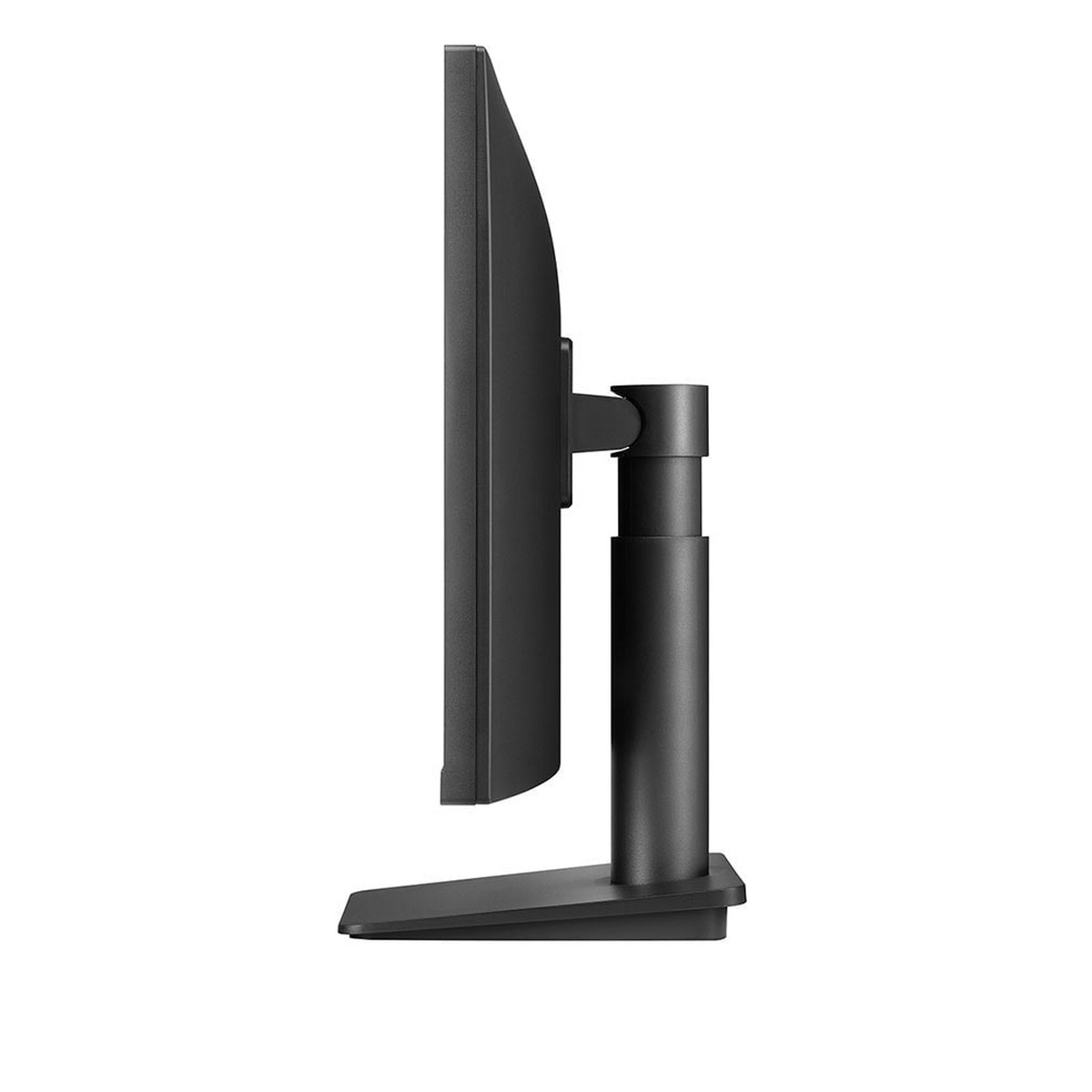 Vista di profilo del monitor nero con supporto nero.