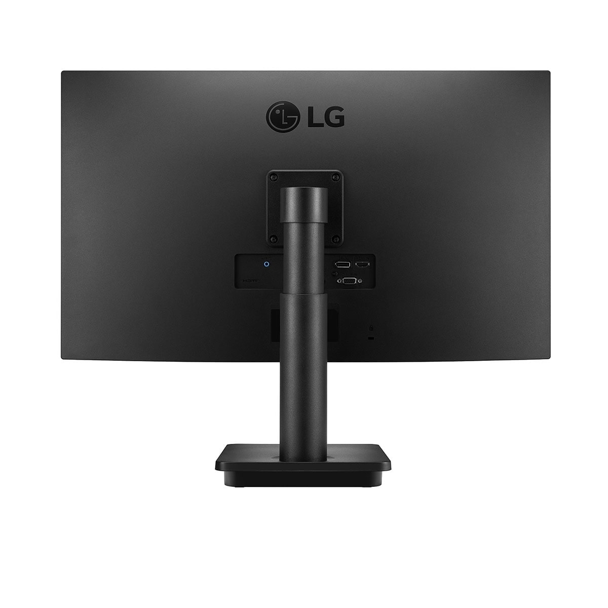 Vista posteriore di un monitor LG nero con supporto. Le porte sono visibili sul retro.