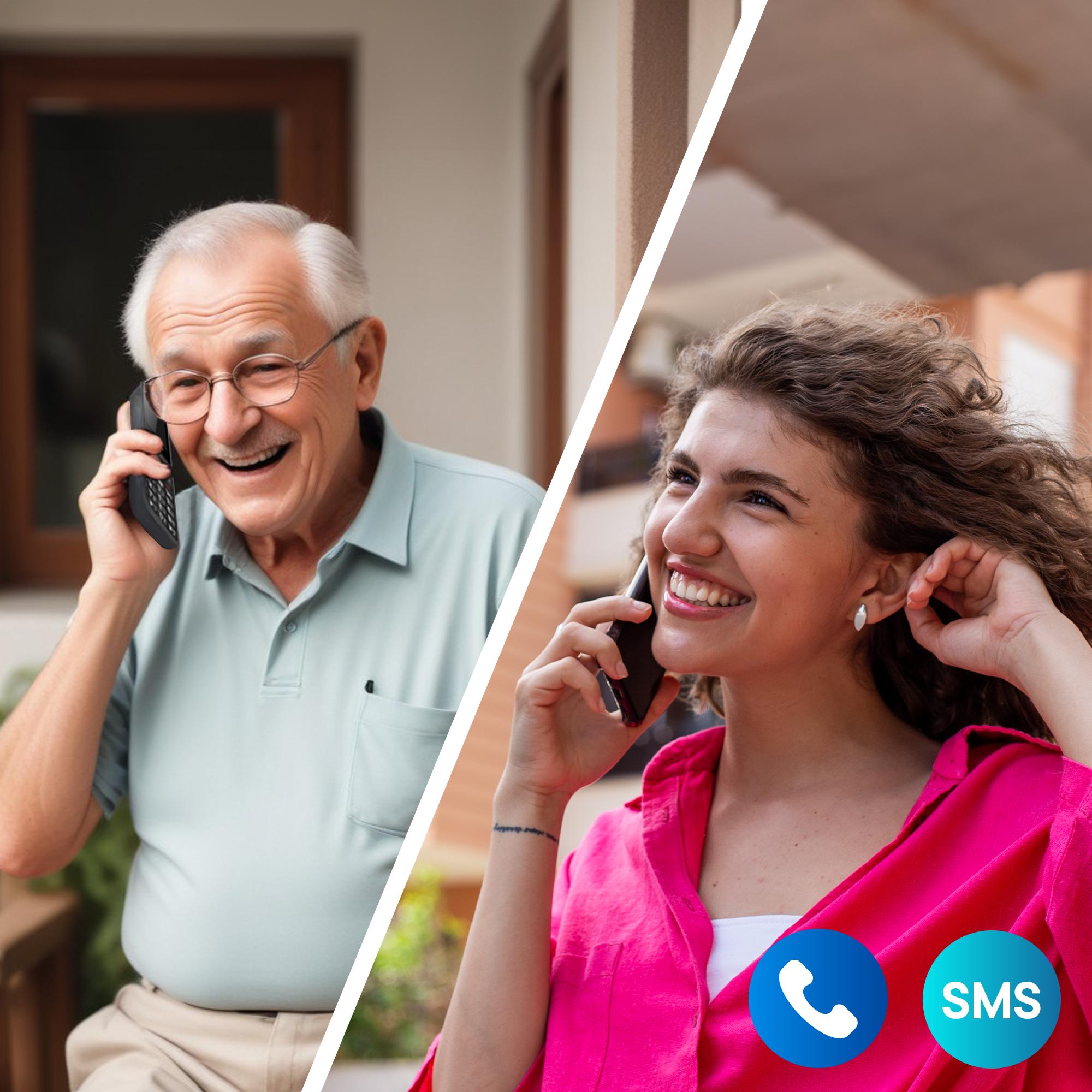 Un hombre mayor y una mujer joven en teléfonos separados. Ambos sonriendo.