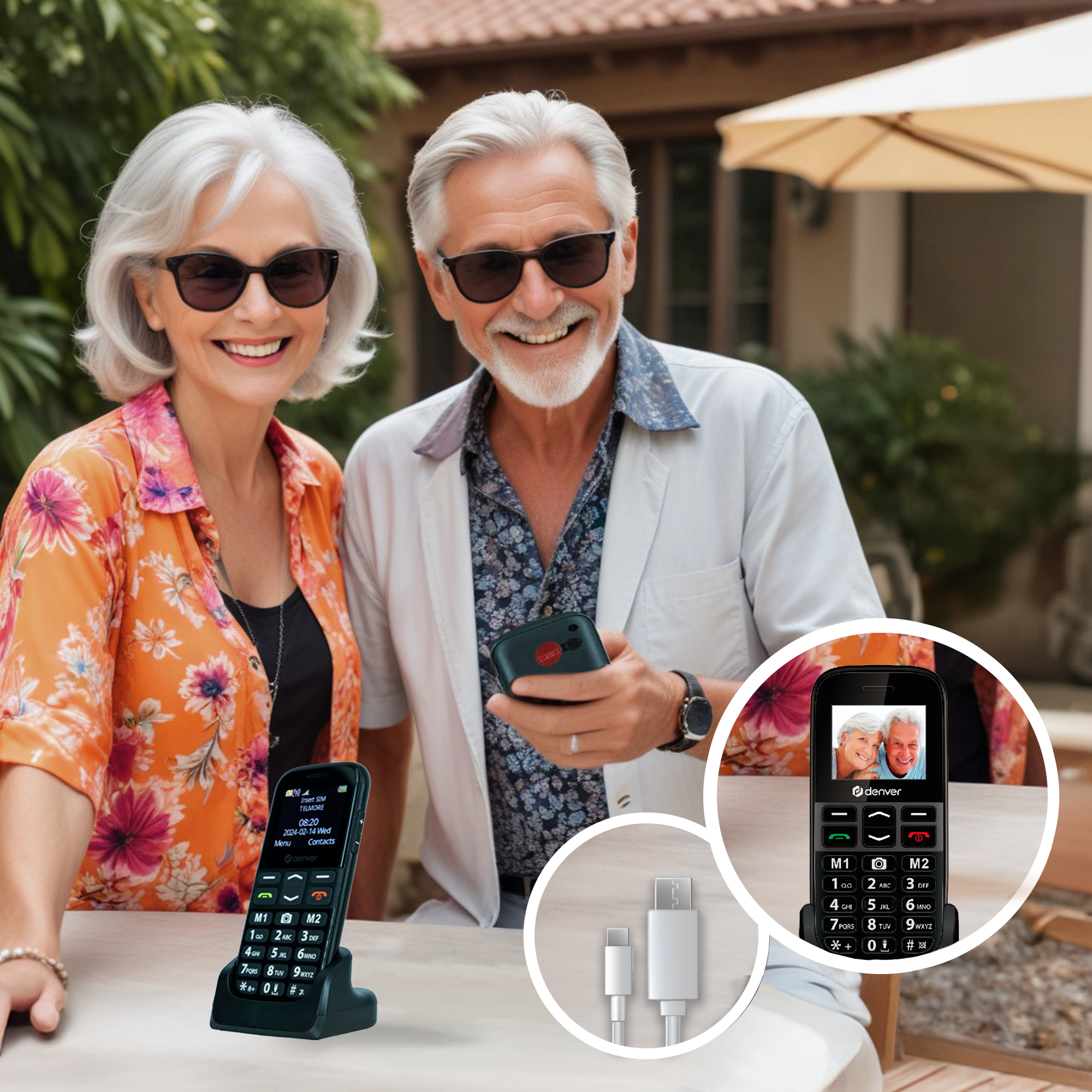 Pareja de ancianos con teléfonos. Uno sostiene un teléfono negro, otro uno rojo y un teléfono sobre un soporte.