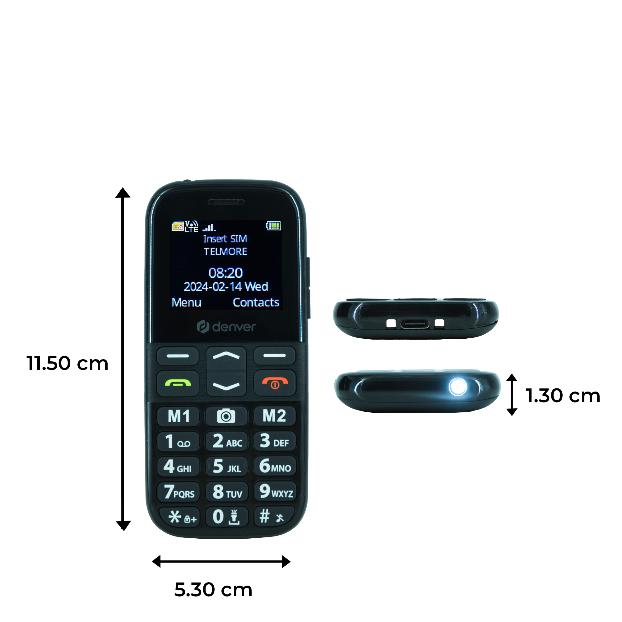 Teléfono básico negro con teclado y dimensiones.