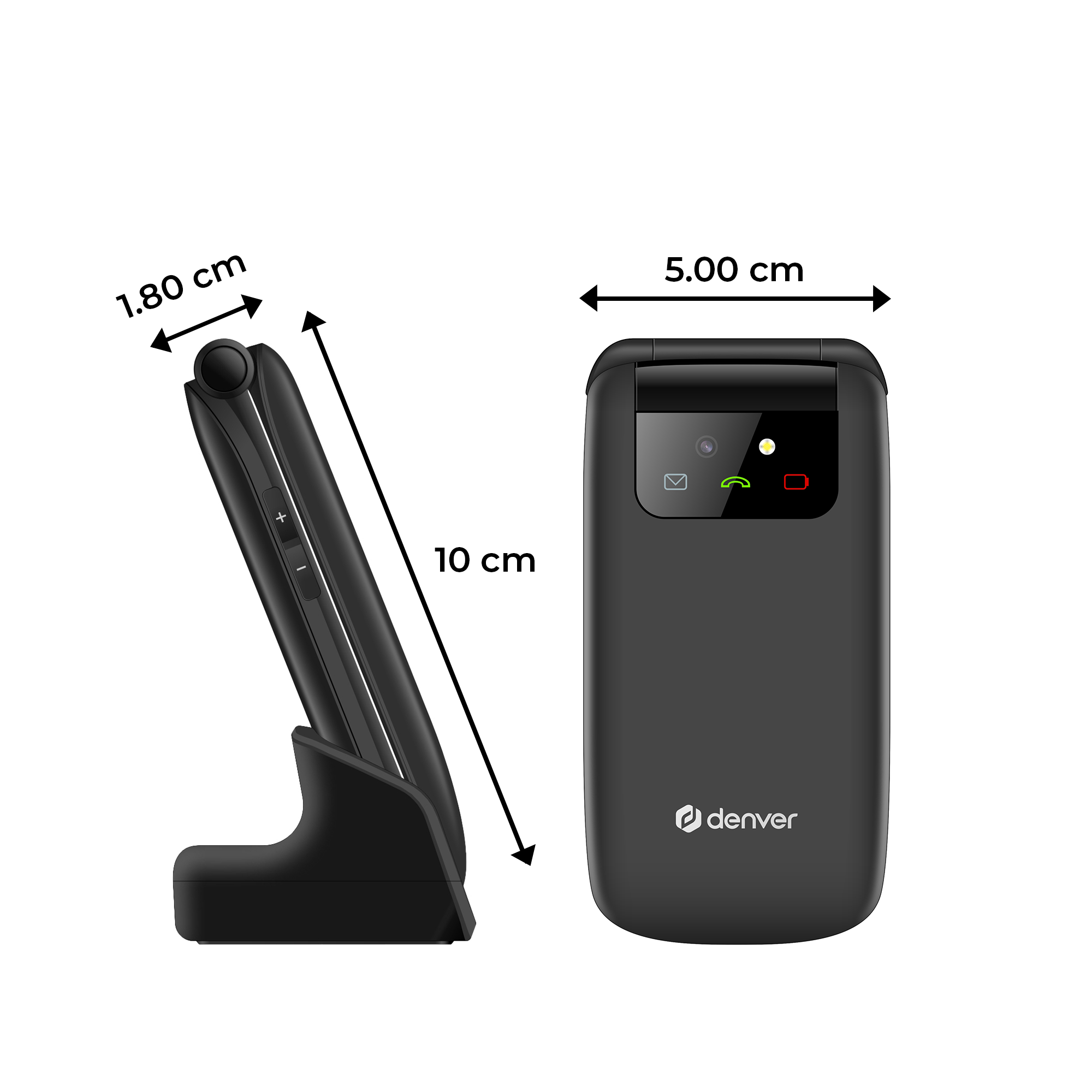 Telefono a conchiglia nero e supporto angolato. Dimensioni: 1,8 cm, 5,0 cm e 10 cm. Logo Denver presente.