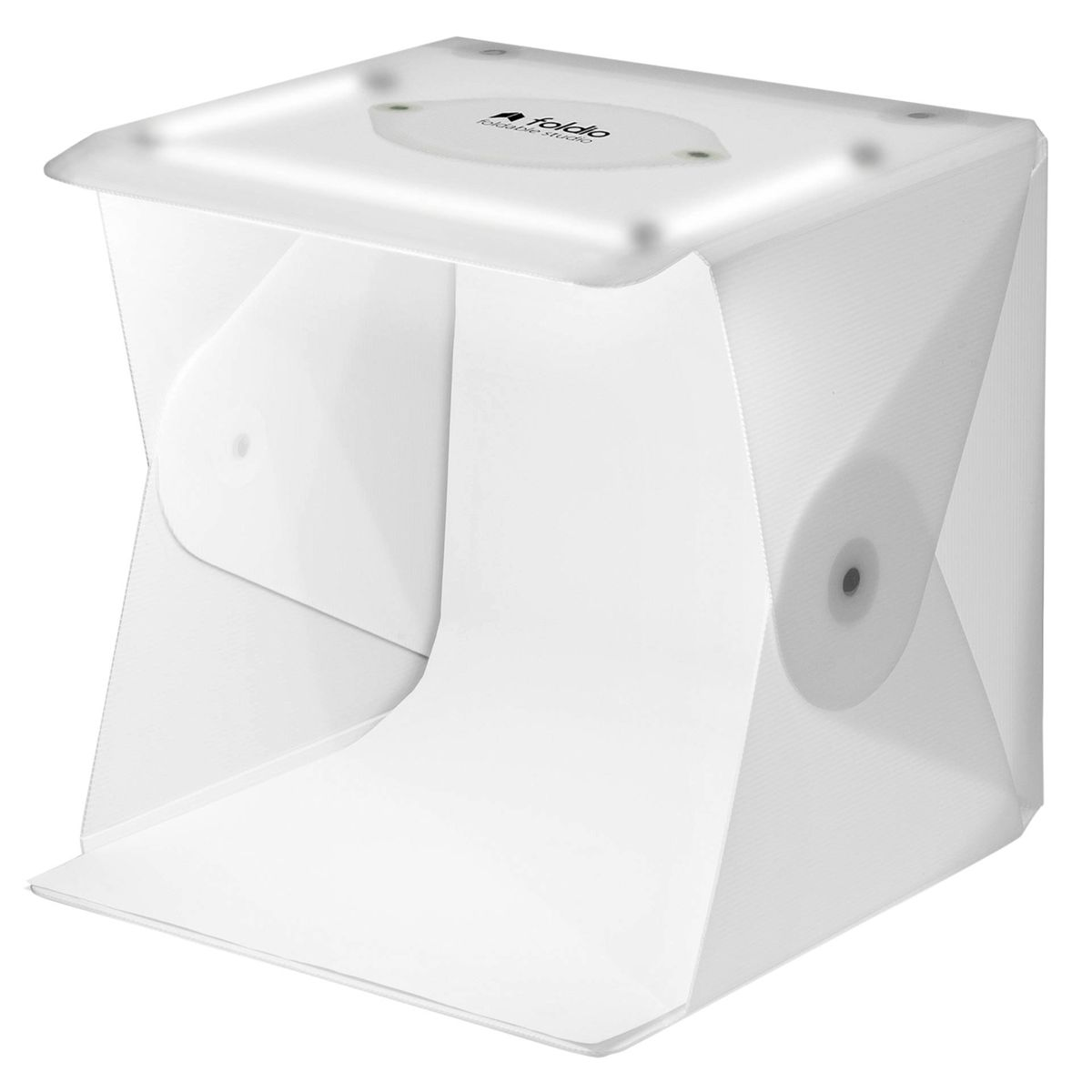 Weißer Fotostudio-Box mit gewölbtem Innenraum und Oberseite mit Lichtern. Seitenansicht.
