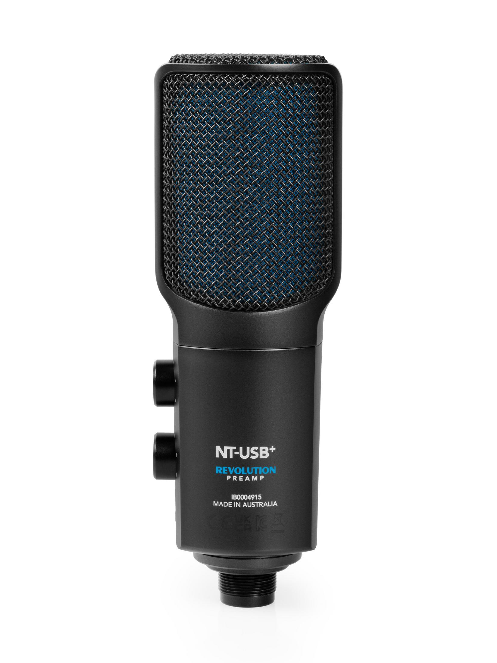 Czarny mikrofon USB z niebieską siatkową głowicą.