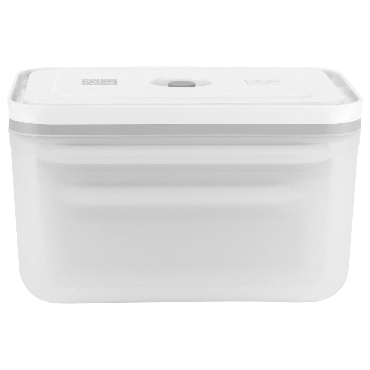 Contenedor de almacenamiento de plástico blanco con borde y tapa grises. El contenedor es rectangular.