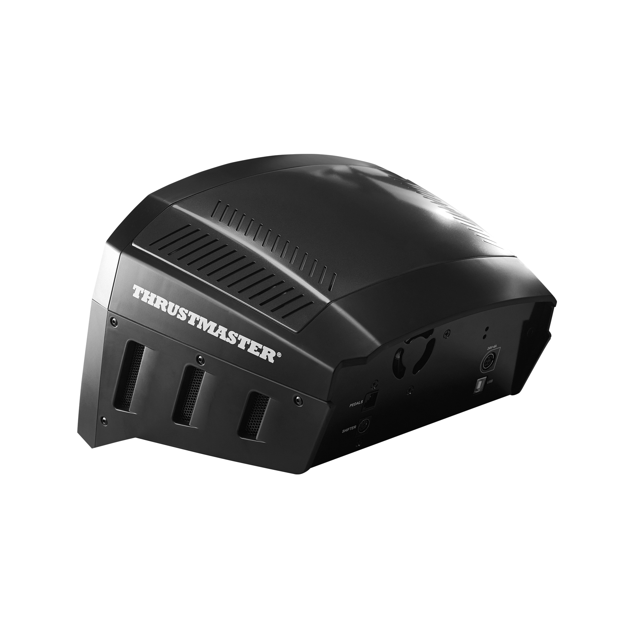 Ein schwarzer Thrustmaster-Rennradsockel mit Lüftungsöffnungen und verschiedenen Anschlüssen auf weißem Hintergrund.