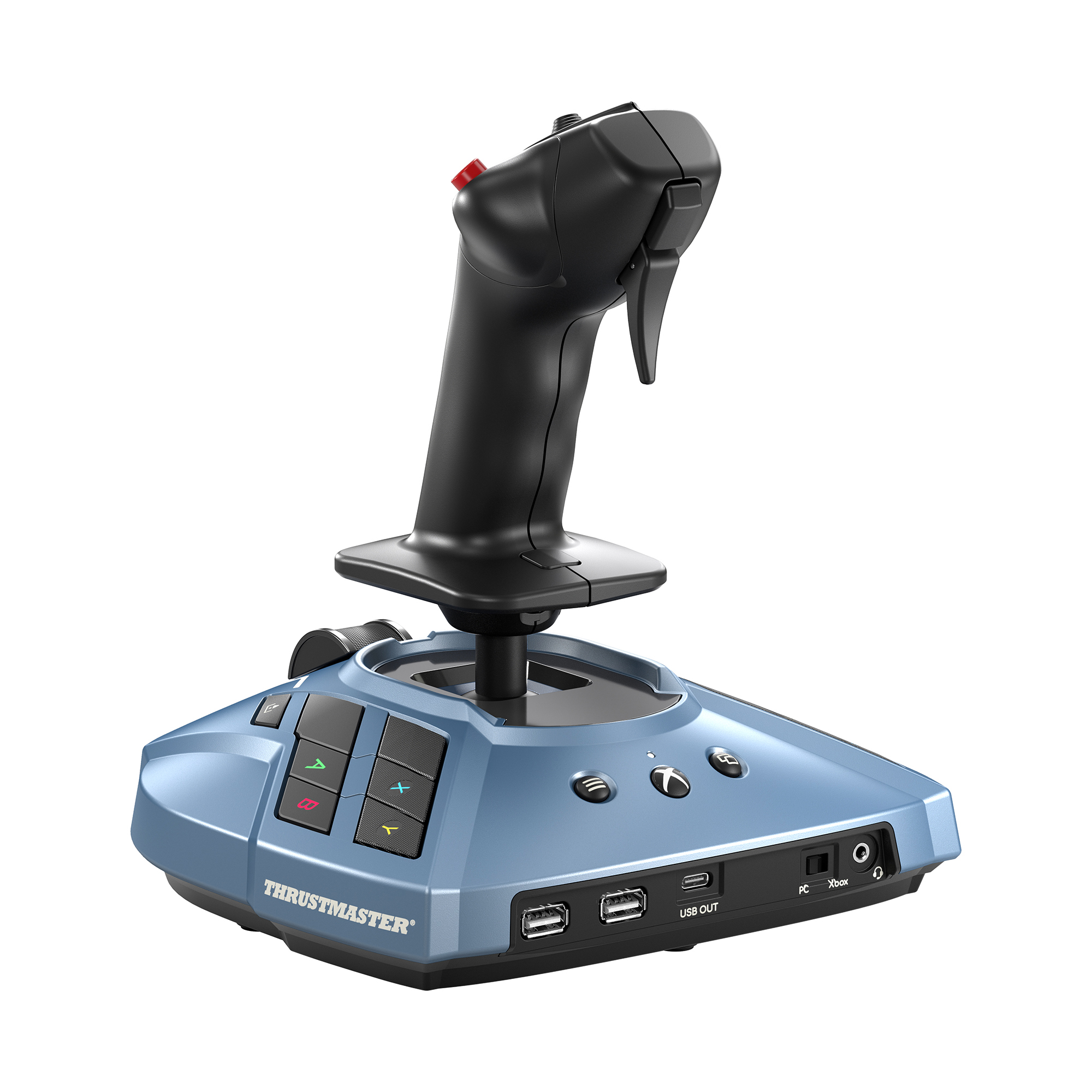 Czarny kontroler joystick z niebieską podstawą. Posiada przyciski, joystick i porty.