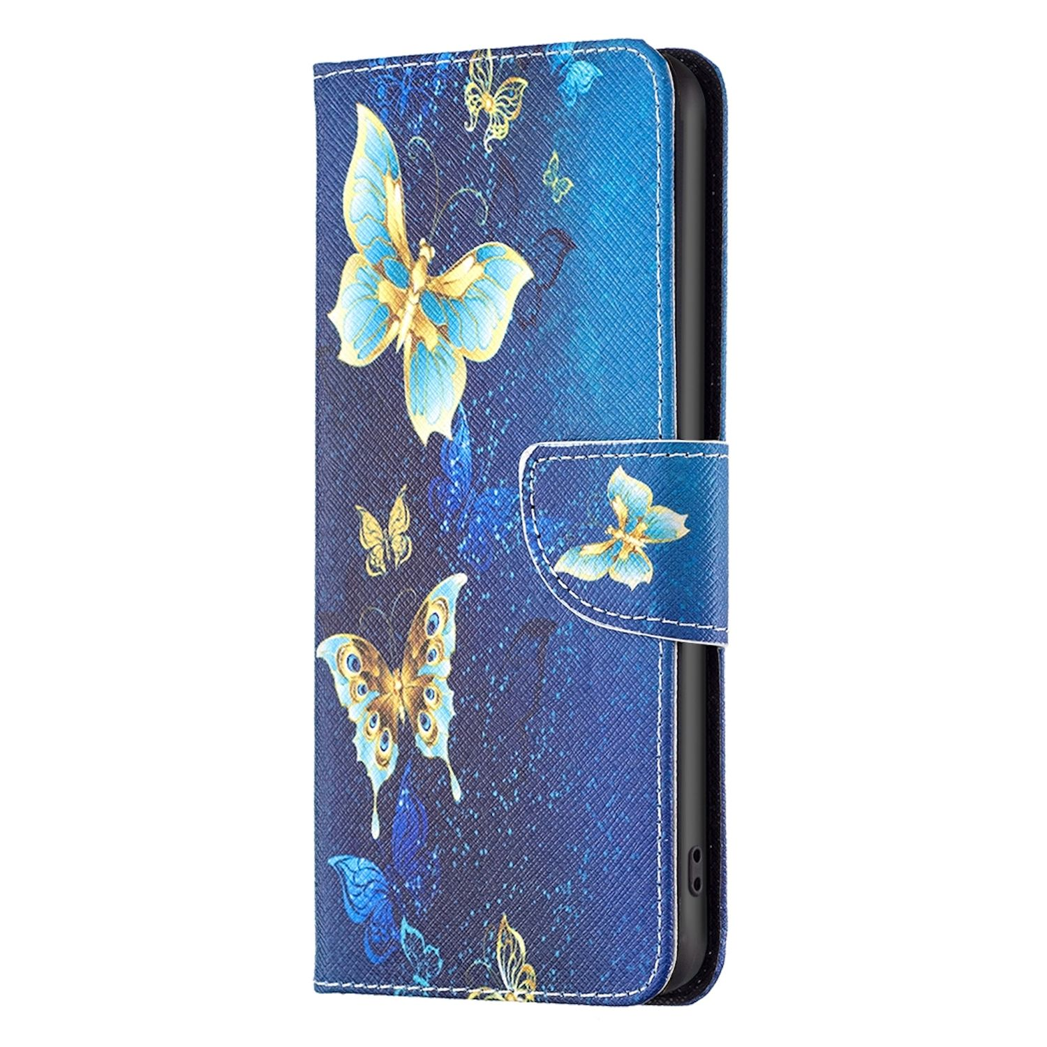 Eine blaue Handyhülle mit Schmetterlingsmustern. Die Hülle ist offen und zeigt ein Telefon.