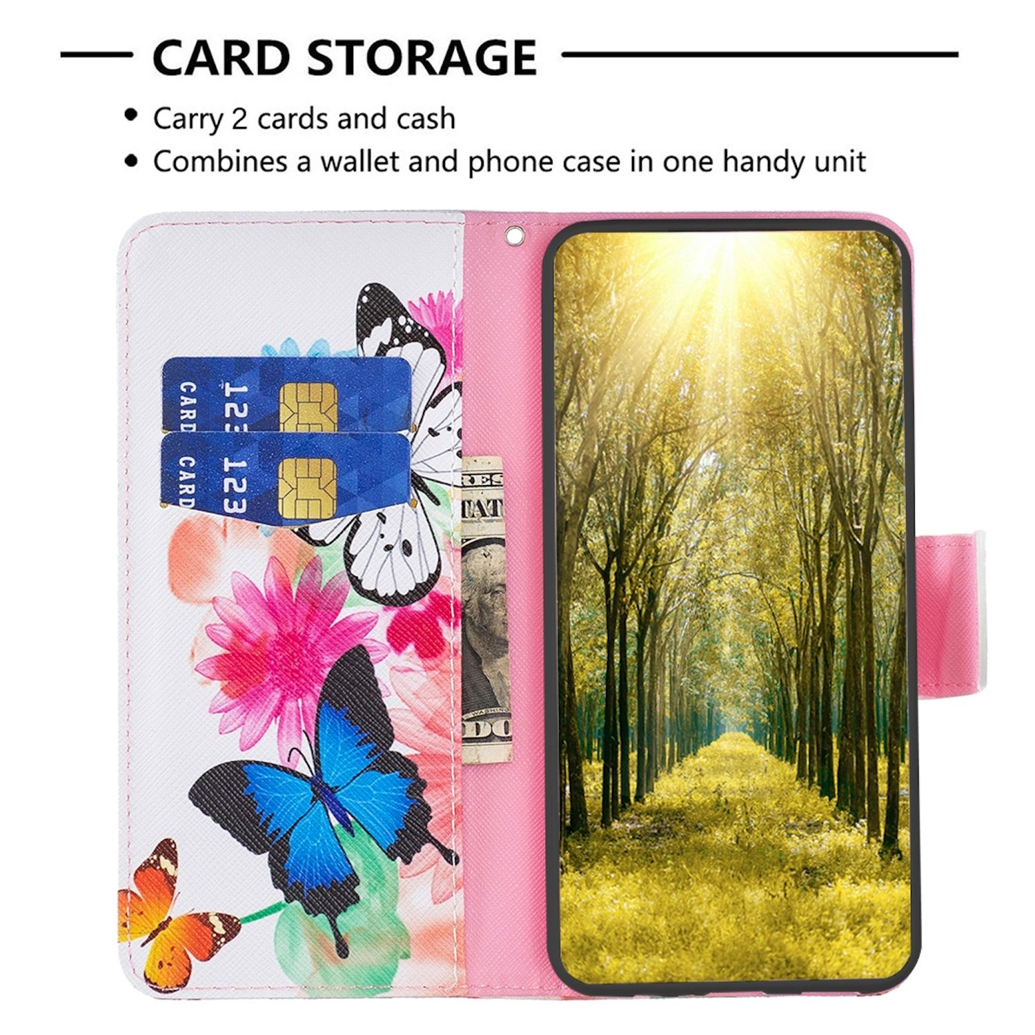 Eine rosa Geldbörse mit Kreditkarten, Bargeld und einem Telefon. Schmetterlinge und Blumen sind vorhanden.
