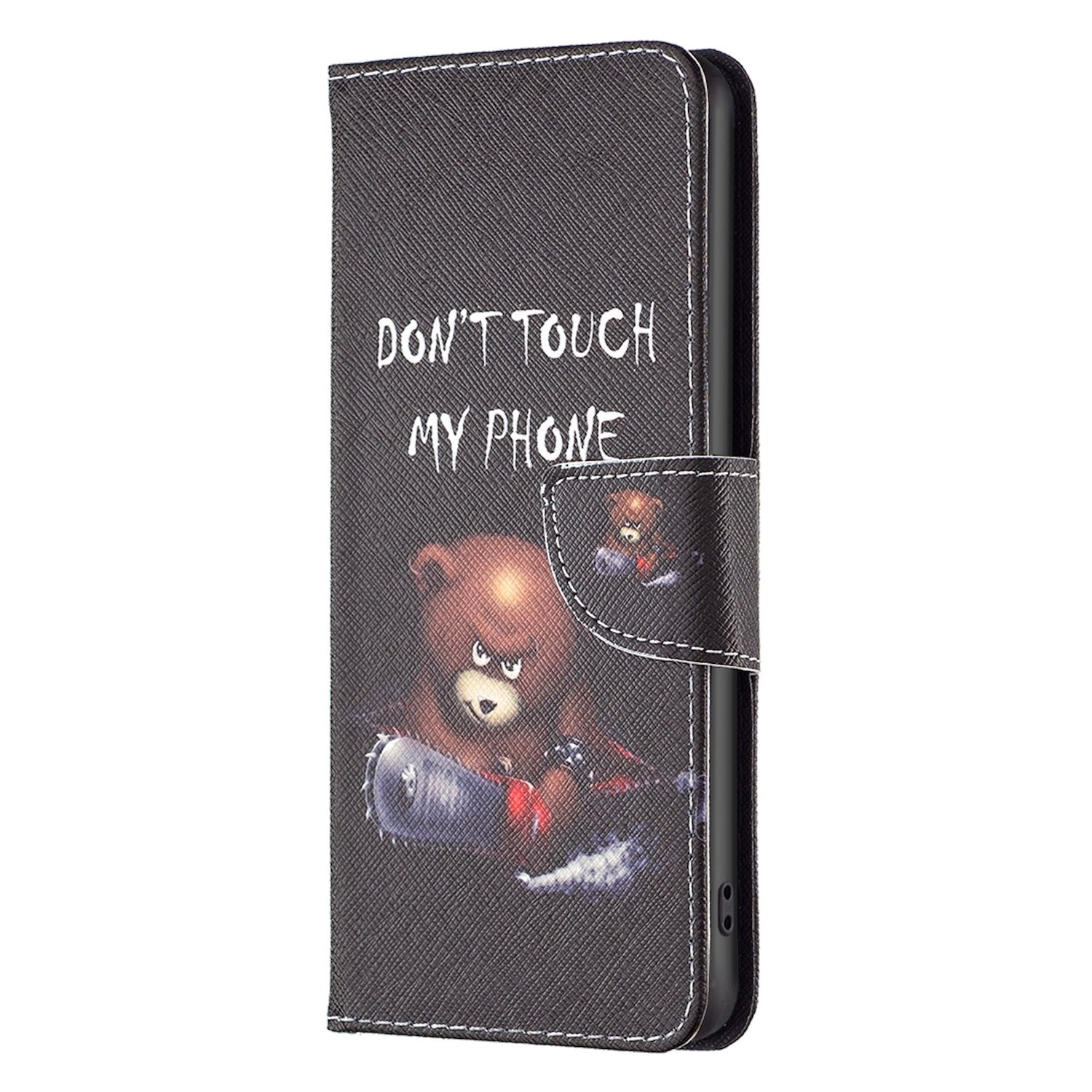 Eine Handyhülle mit einem Bären, der eine Kettensäge hält, mit dem Text „Don't touch my phone“.