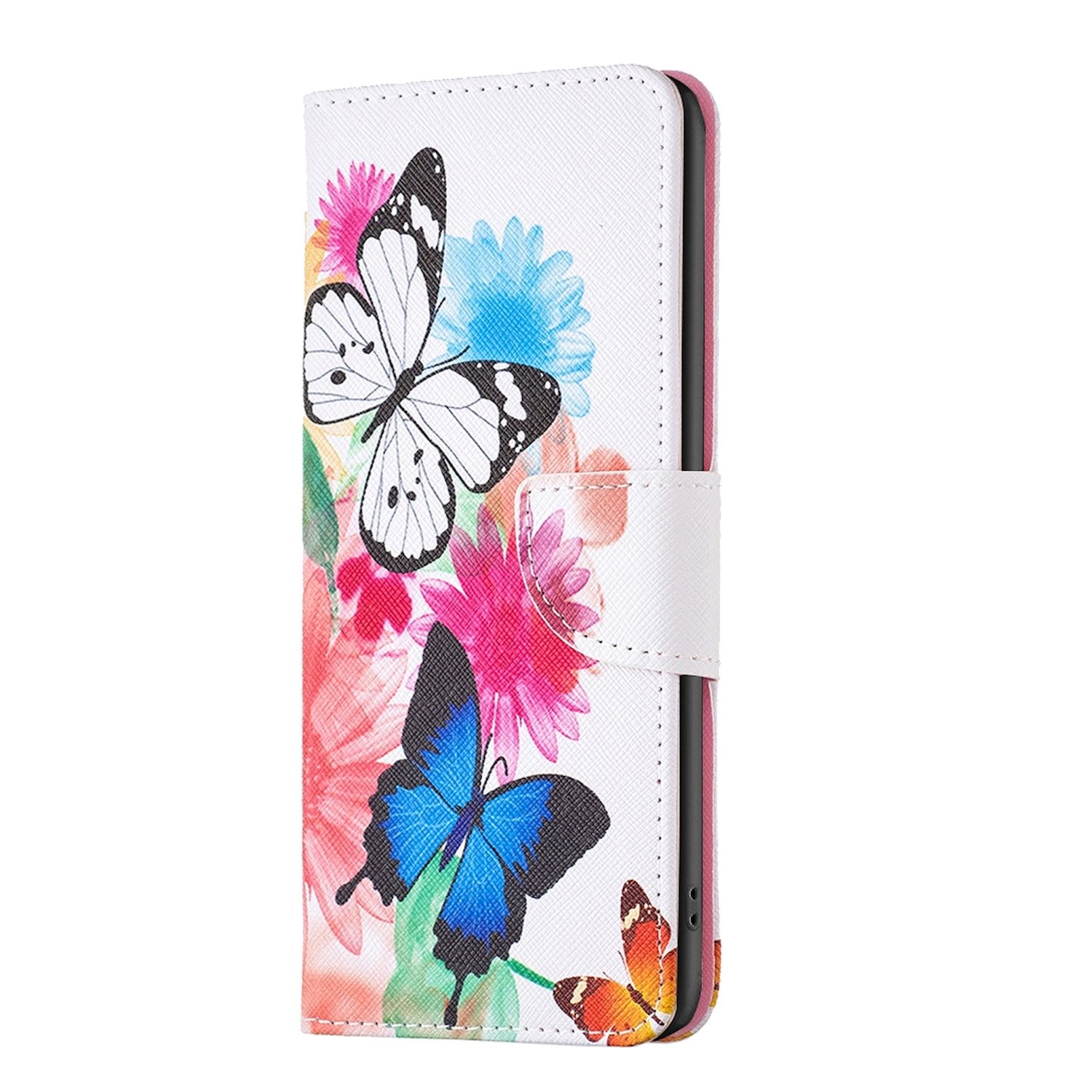 Weißes Handycase mit bunten Schmetterlingen und Blumen.