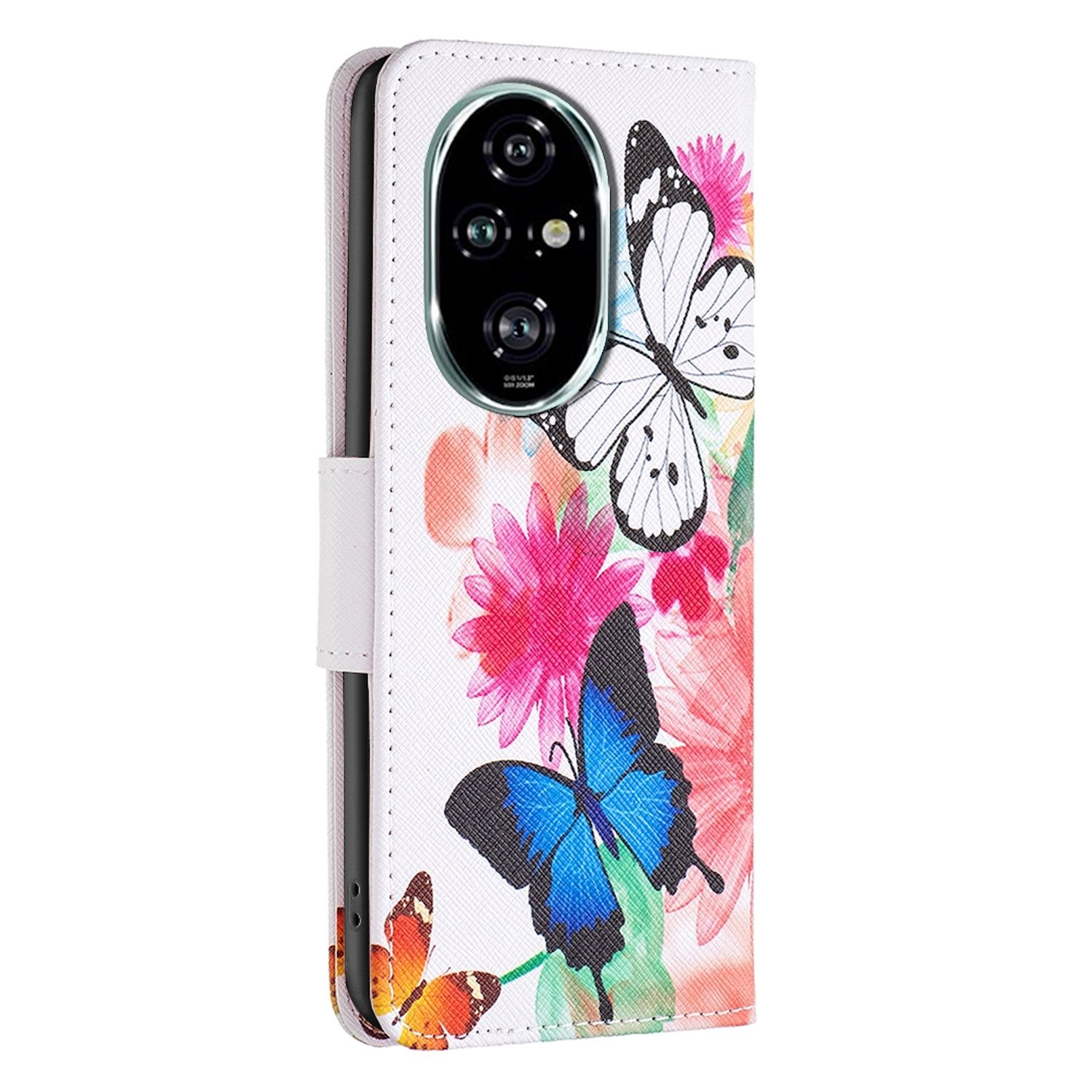 Weißes Handycase mit Schmetterlingen und Blumen, Kamera sichtbar.