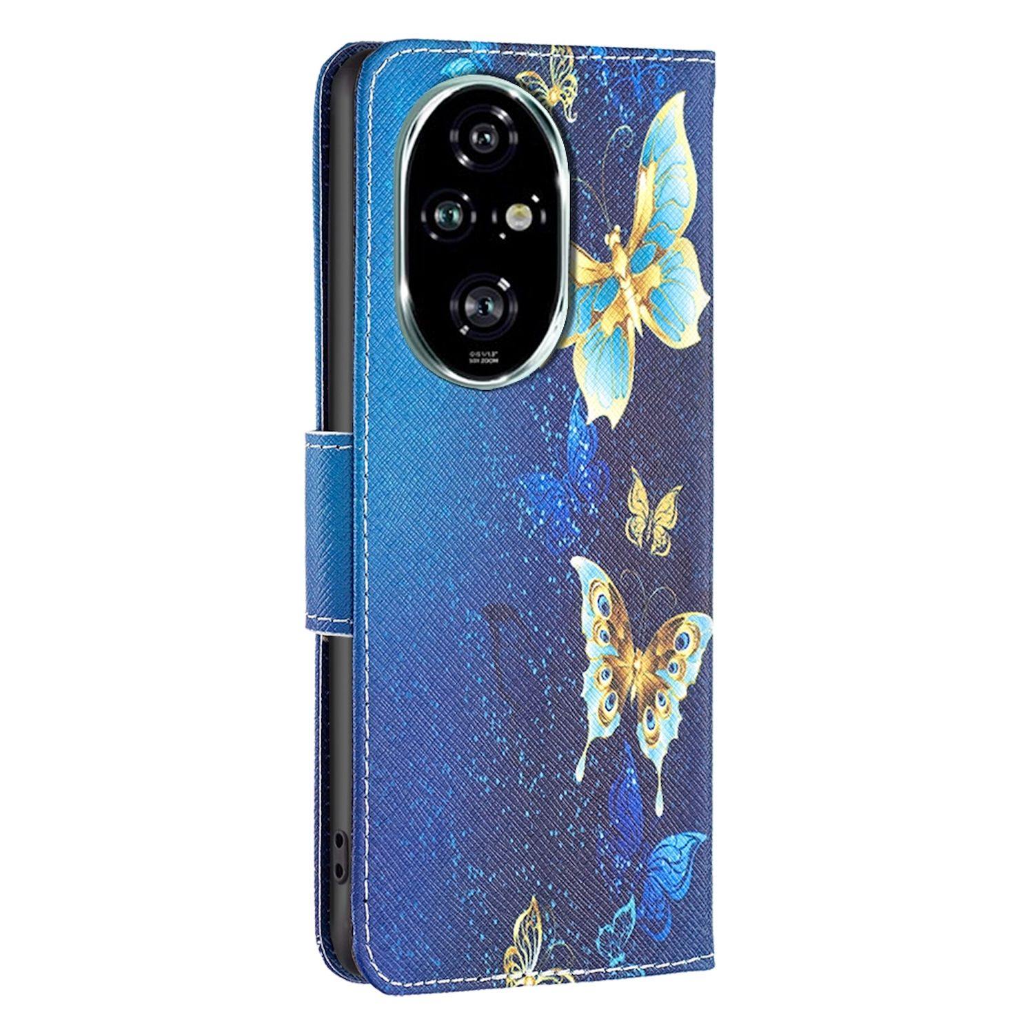 Blaue Handyhülle mit Schmetterlingsdesign, Magnetverschluss und Kameraausschnitt.