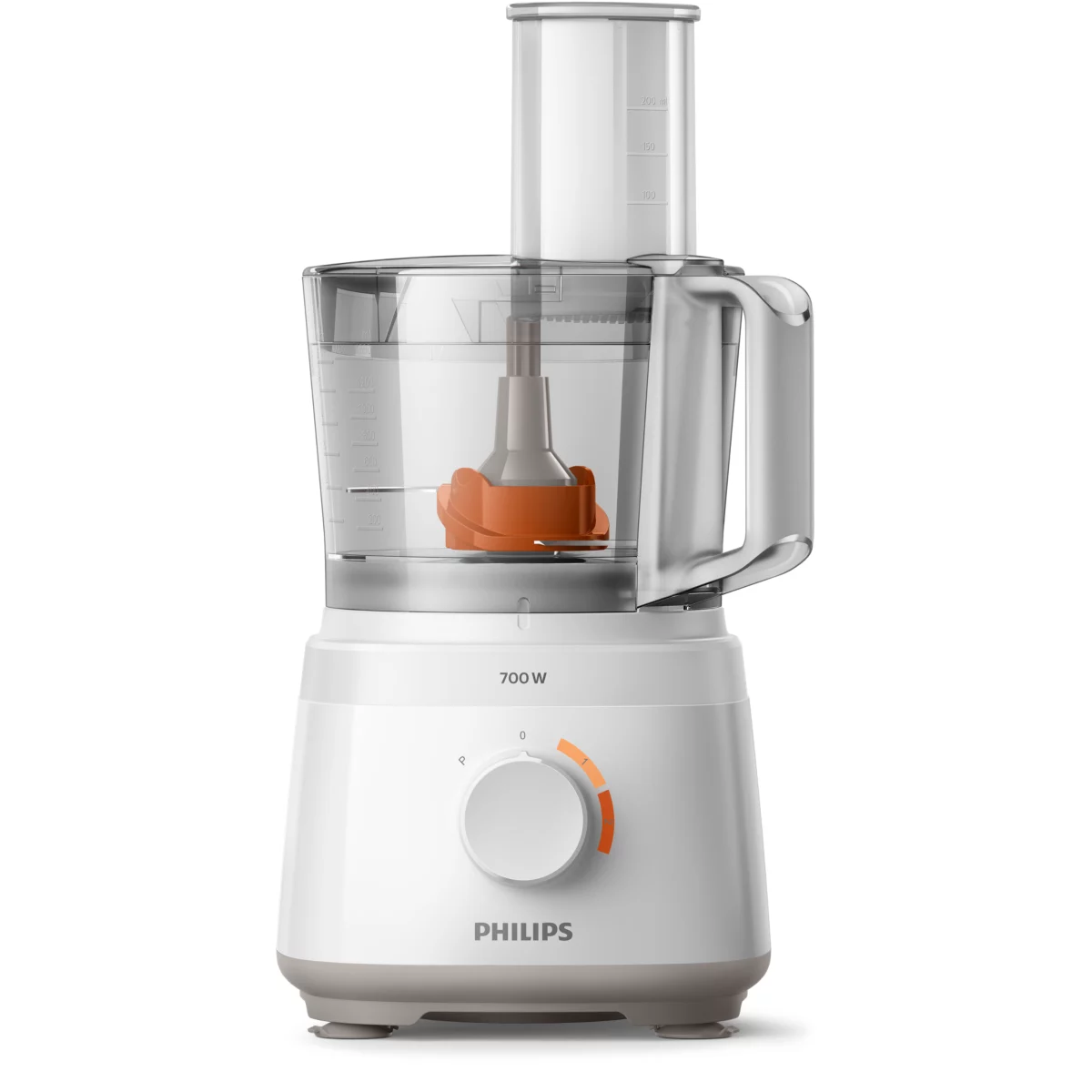 Robot da cucina bianco e grigio con contenitore trasparente, lama arancione e logo Philips.