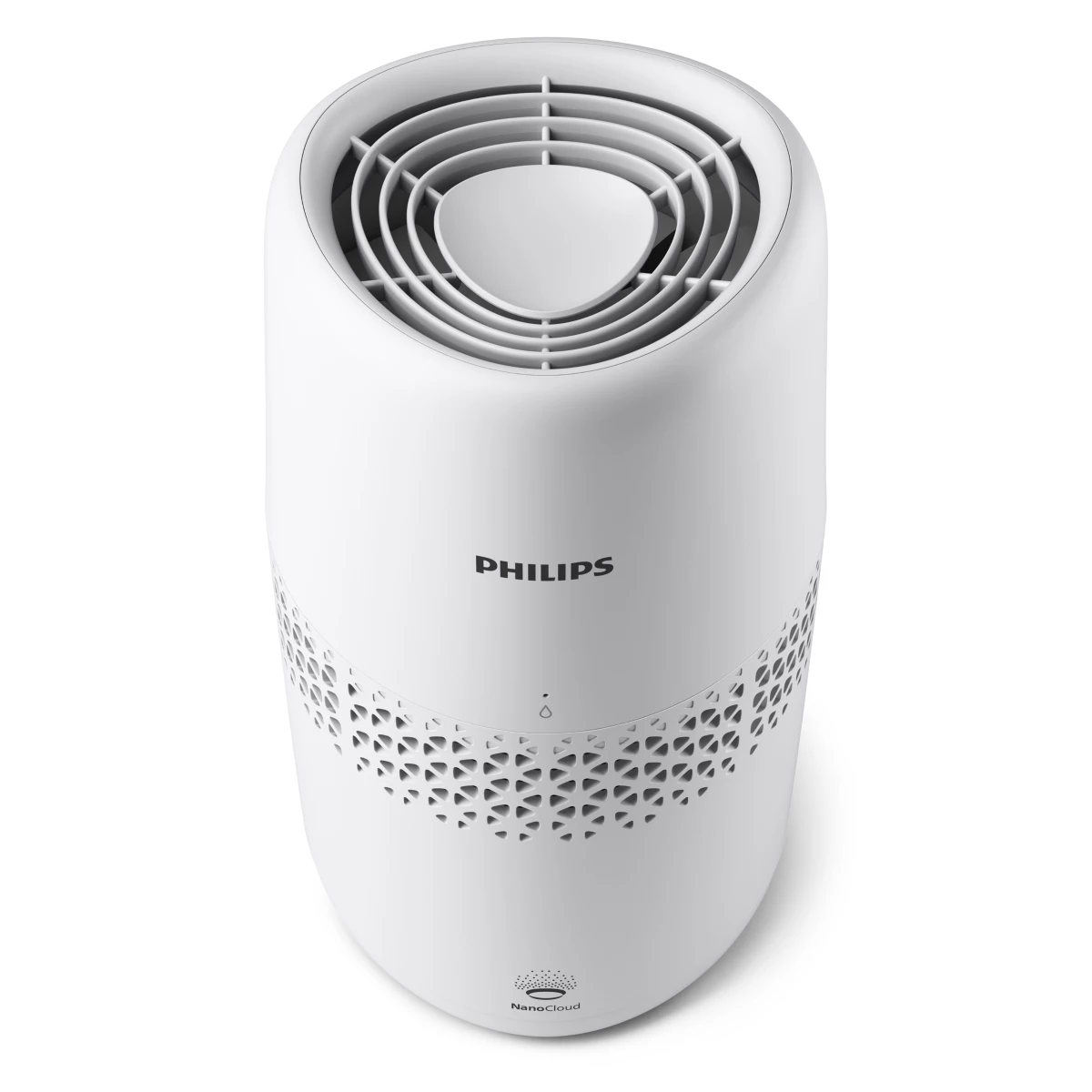 Purificador de aire Philips blanco, forma ovalada, vista superior, sobre fondo blanco.