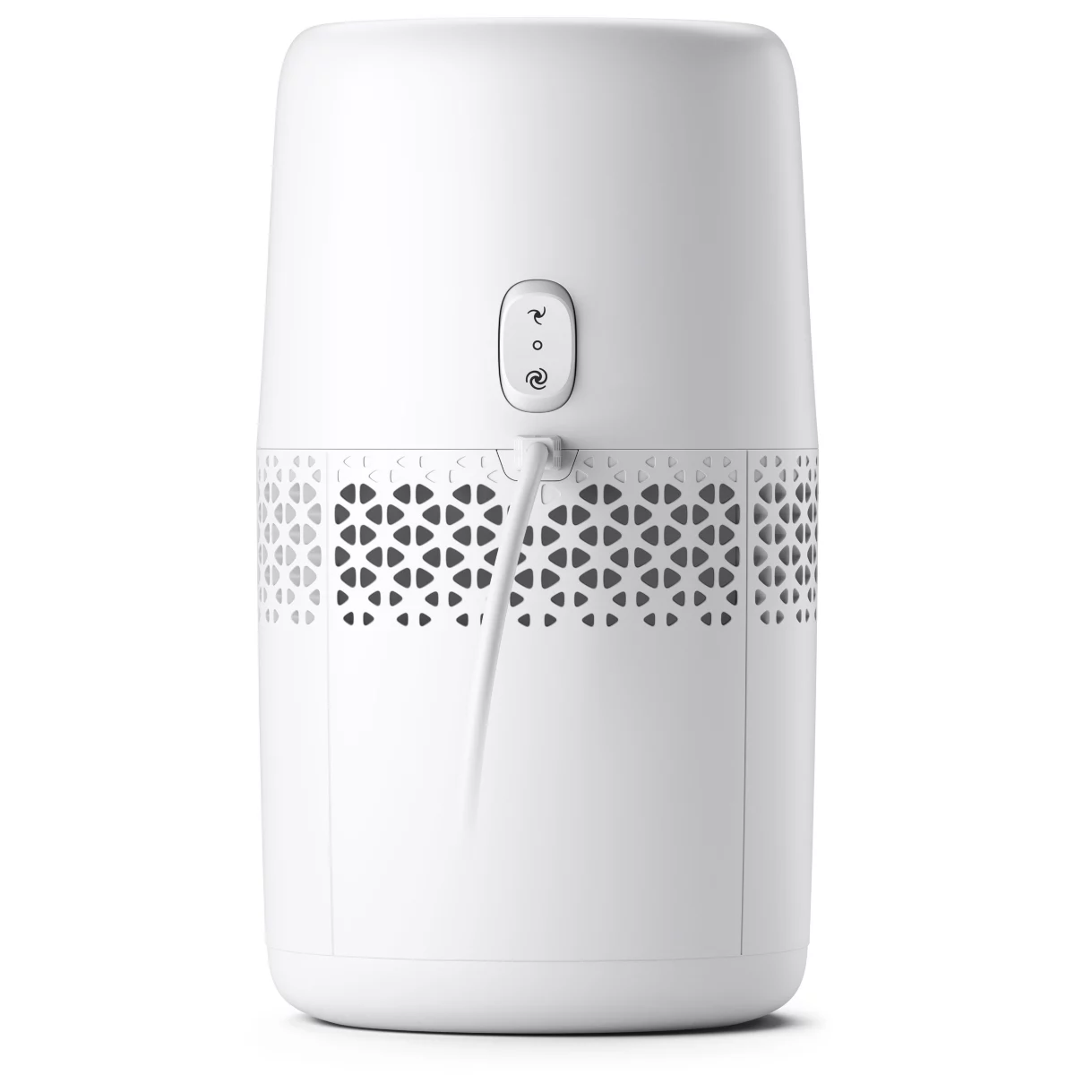 Purificador de aire blanco con ventilación estampada, panel de control y cable de alimentación.