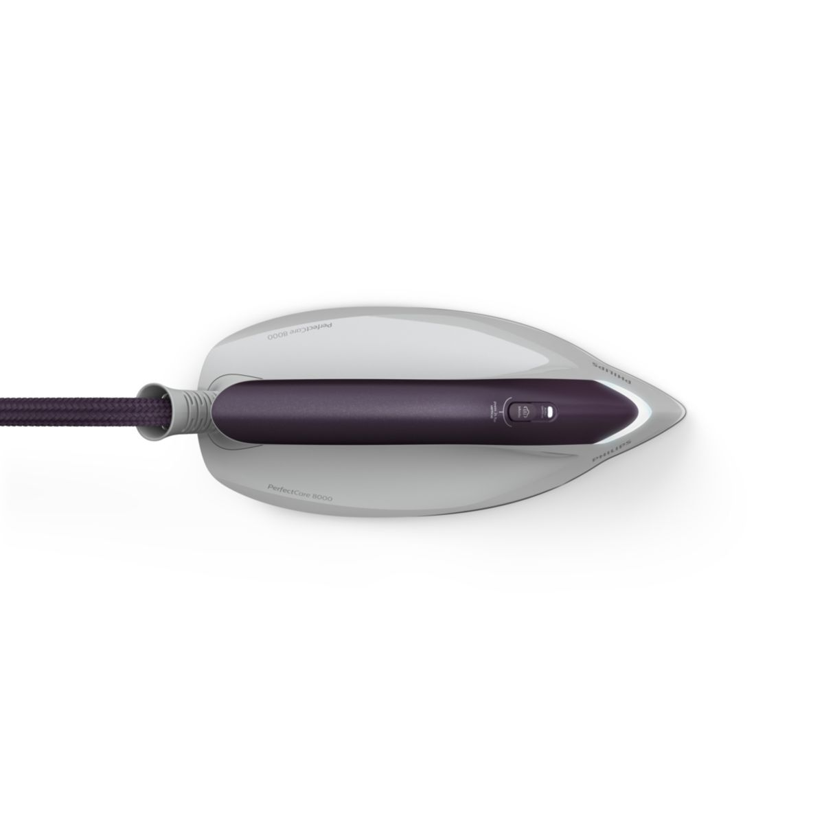 Un fer à repasser blanc et violet avec un cordon d'alimentation noir.