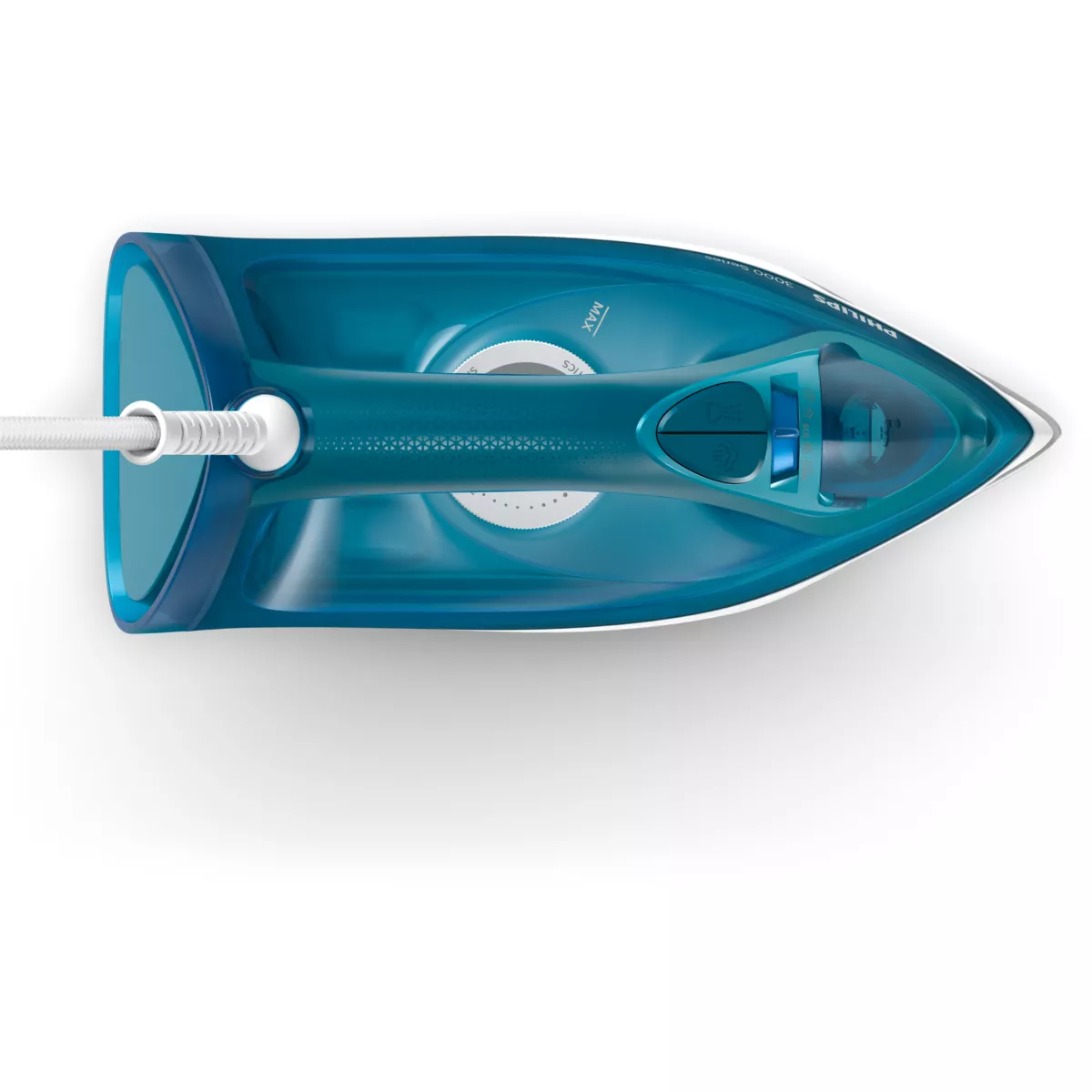 Niebieskie żelazko z białym kablem, widok z góry. Leży na białej powierzchni.