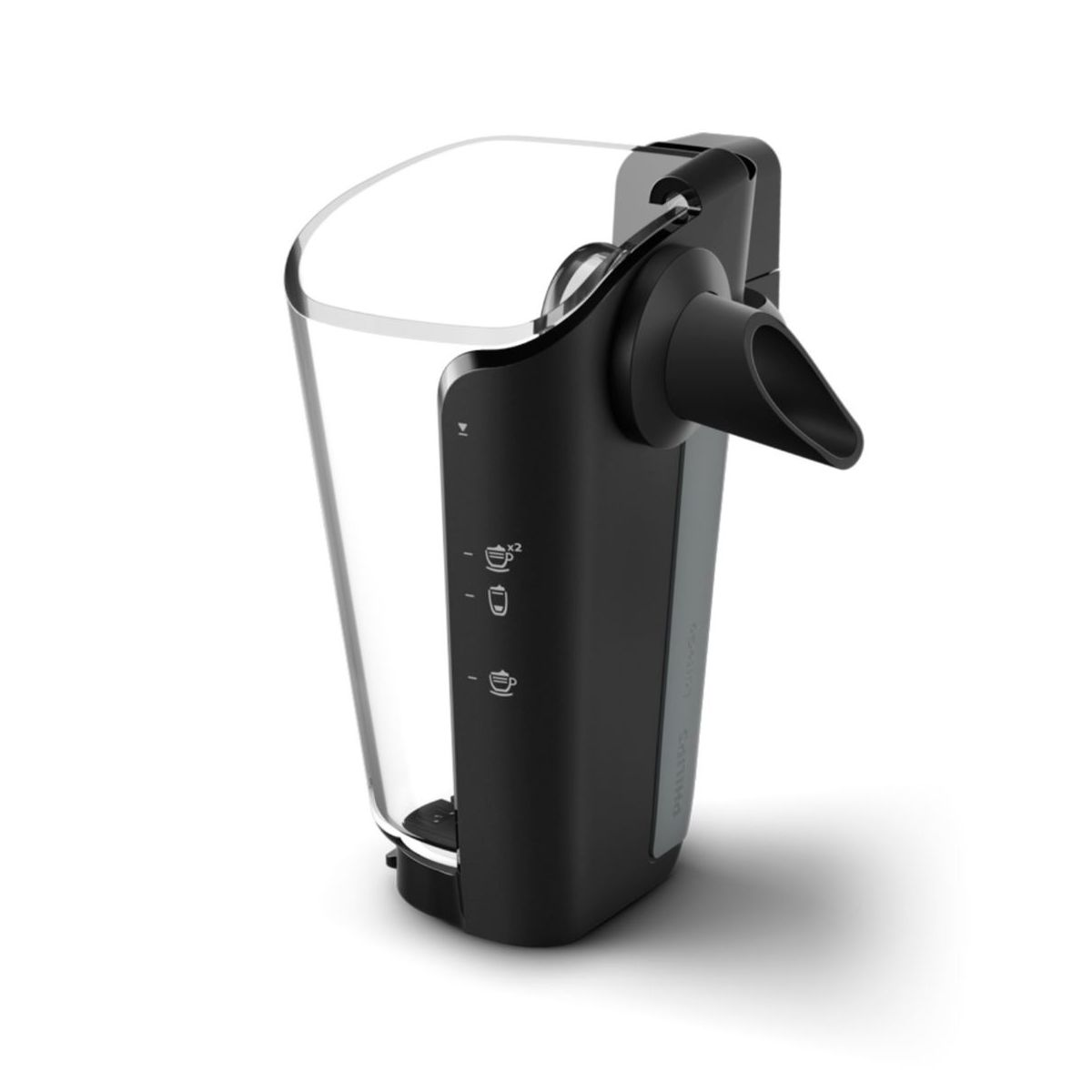 Zwart en doorzichtig Philips apparaat. Het heeft een waterreservoir met een tuit en een zwarte basis.