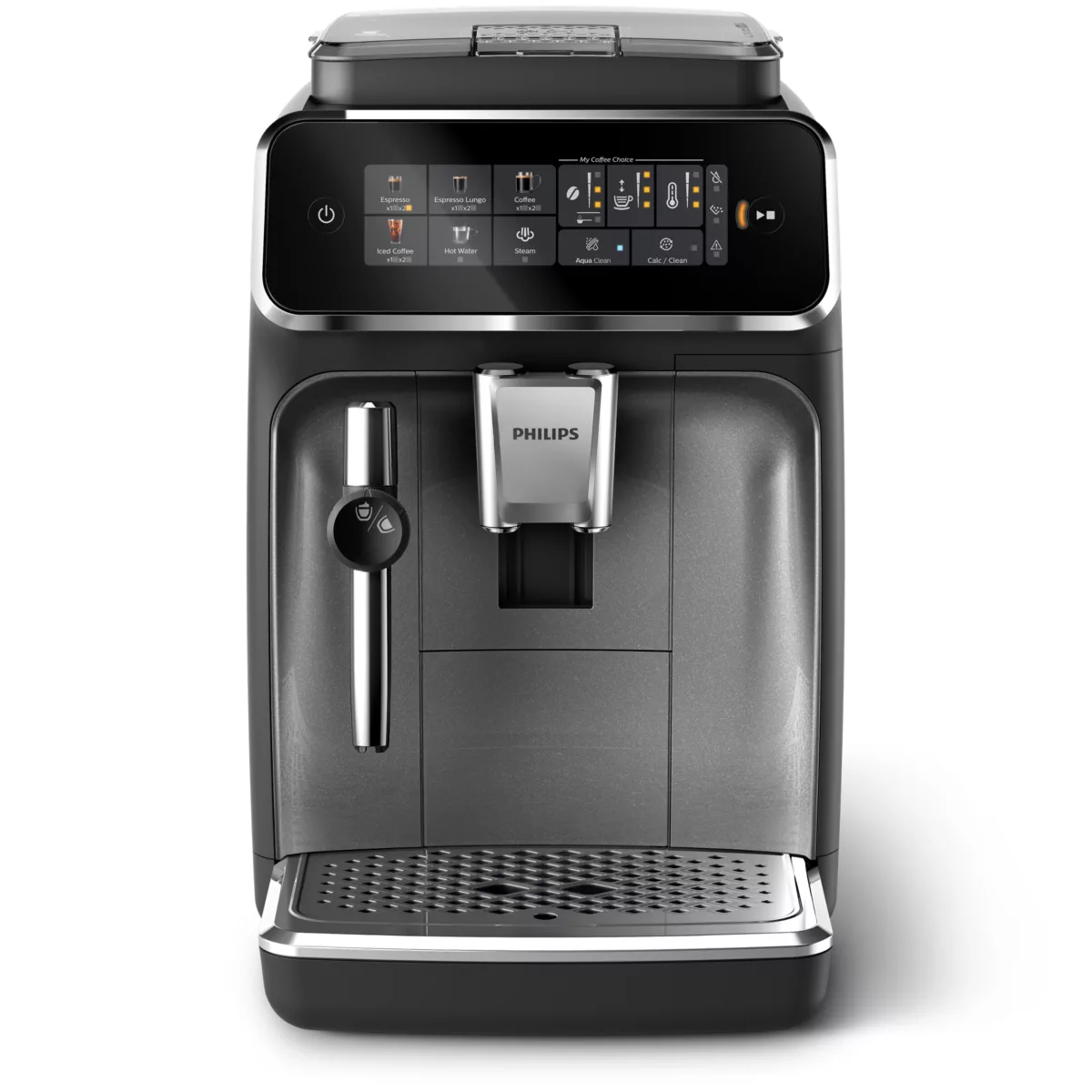 Schwarze Philips Kaffeemaschine. Touchscreen und Auslauf für Kaffee. Silberne Akzente. Weißer Hintergrund.