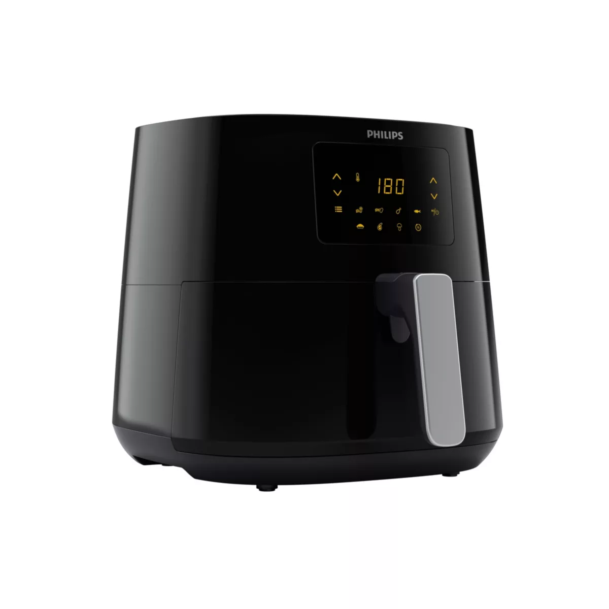 Zwarte Philips airfryer, met digitaal display en handvat, op een witte achtergrond.