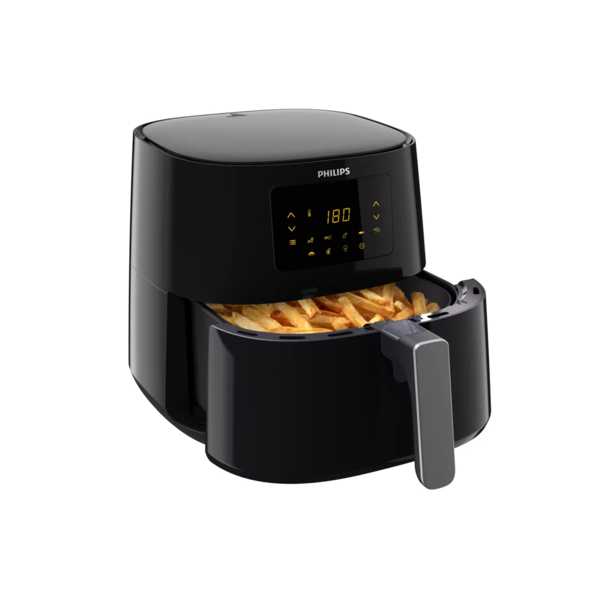 Zwarte airfryer met friet in de mand. Digitaal display toont temperatuur.