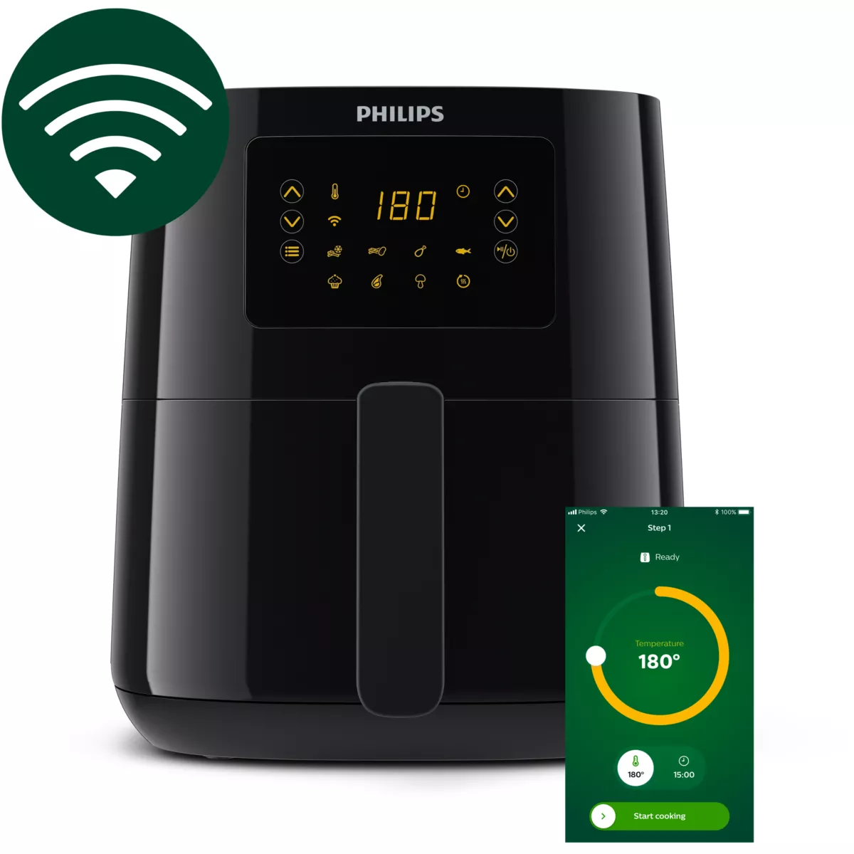 Freidora de aire negra con pantalla digital que muestra 180 grados. Un teléfono muestra la misma temperatura.
