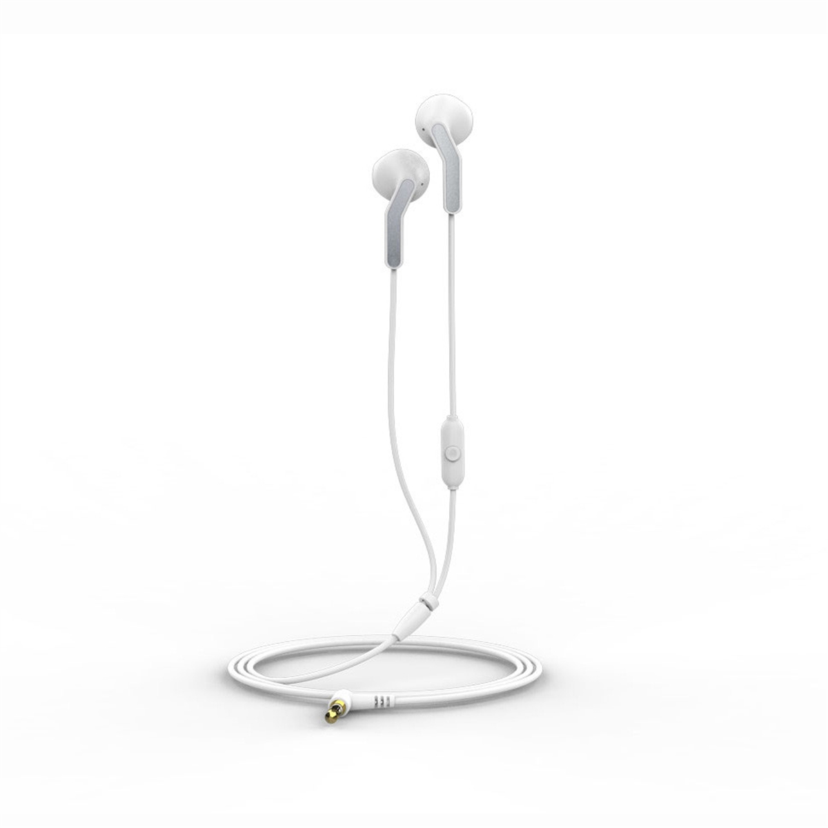Auricolari bianchi con microfono e jack dorato. Su sfondo bianco.