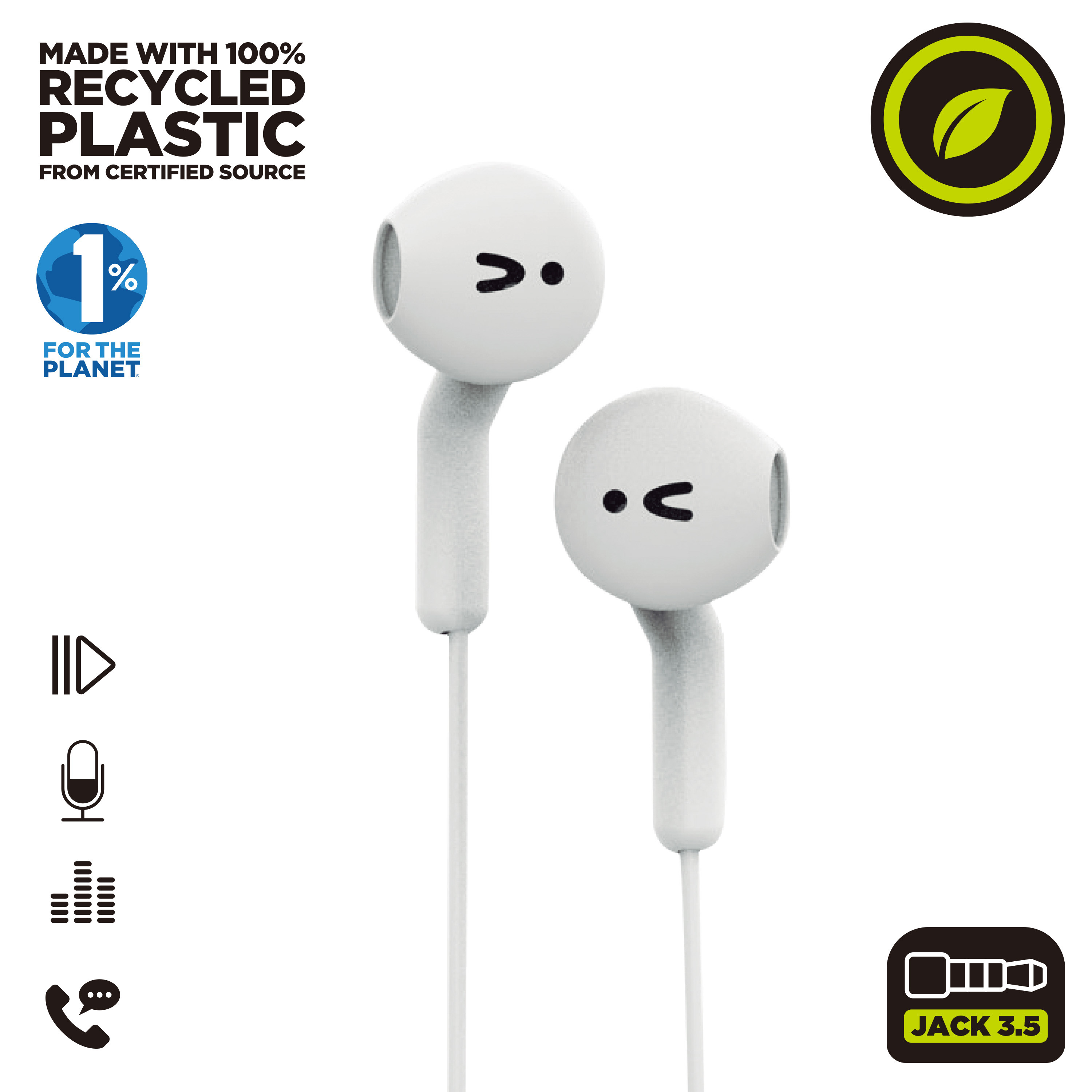 Auricolari bianchi con jack da 3,5 mm ed etichetta di riciclaggio.
