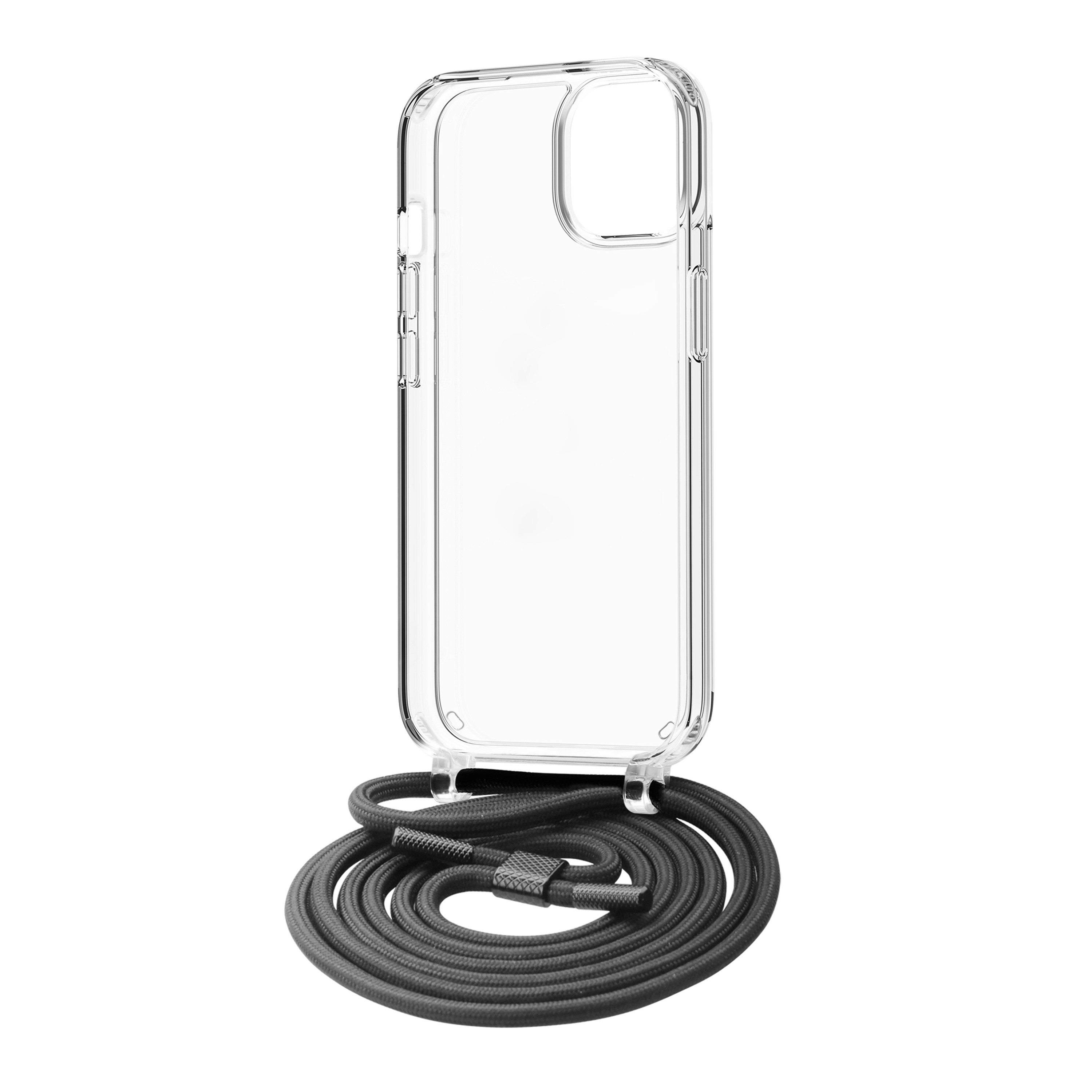 Una funda transparente para teléfono con un cordón gris tipo cuerda adjunto sobre fondo blanco.