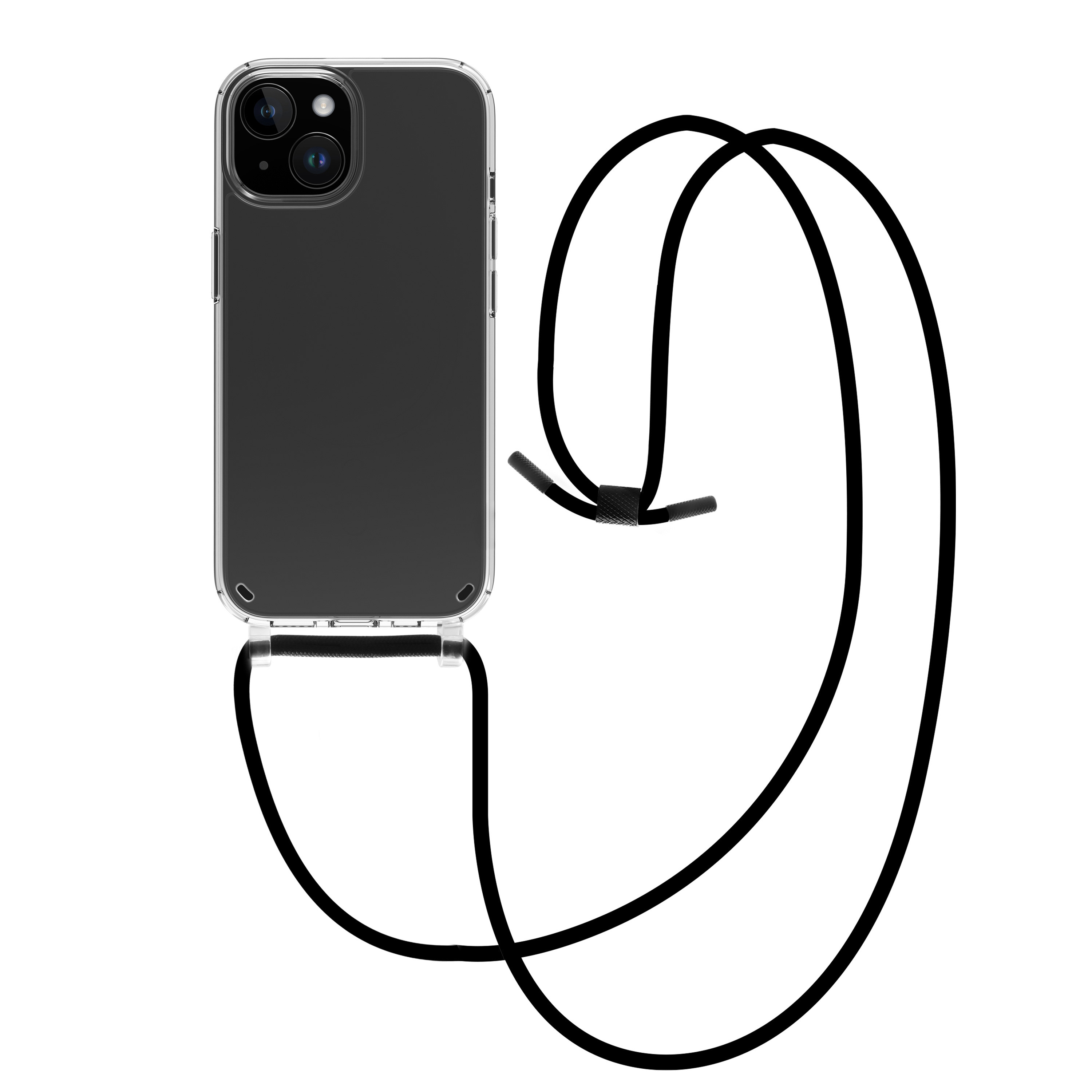Funda de teléfono negra con parte trasera transparente y cordón negro. El teléfono es visible dentro de la funda.