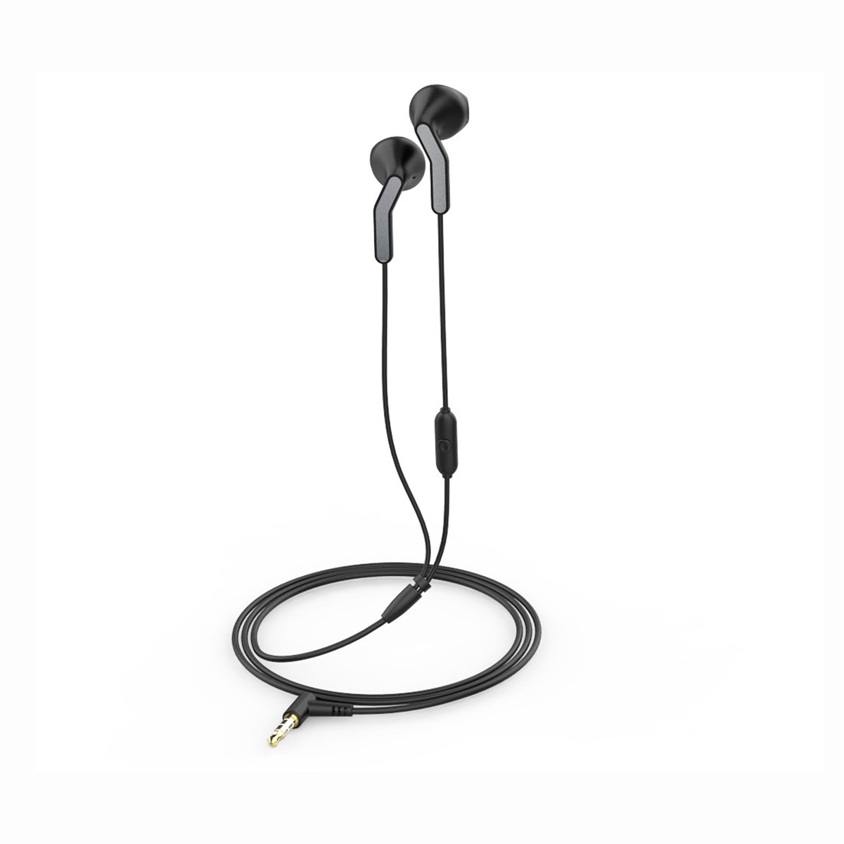 Auricolari neri con microfono incorporato e cavo nero con jack dorato.