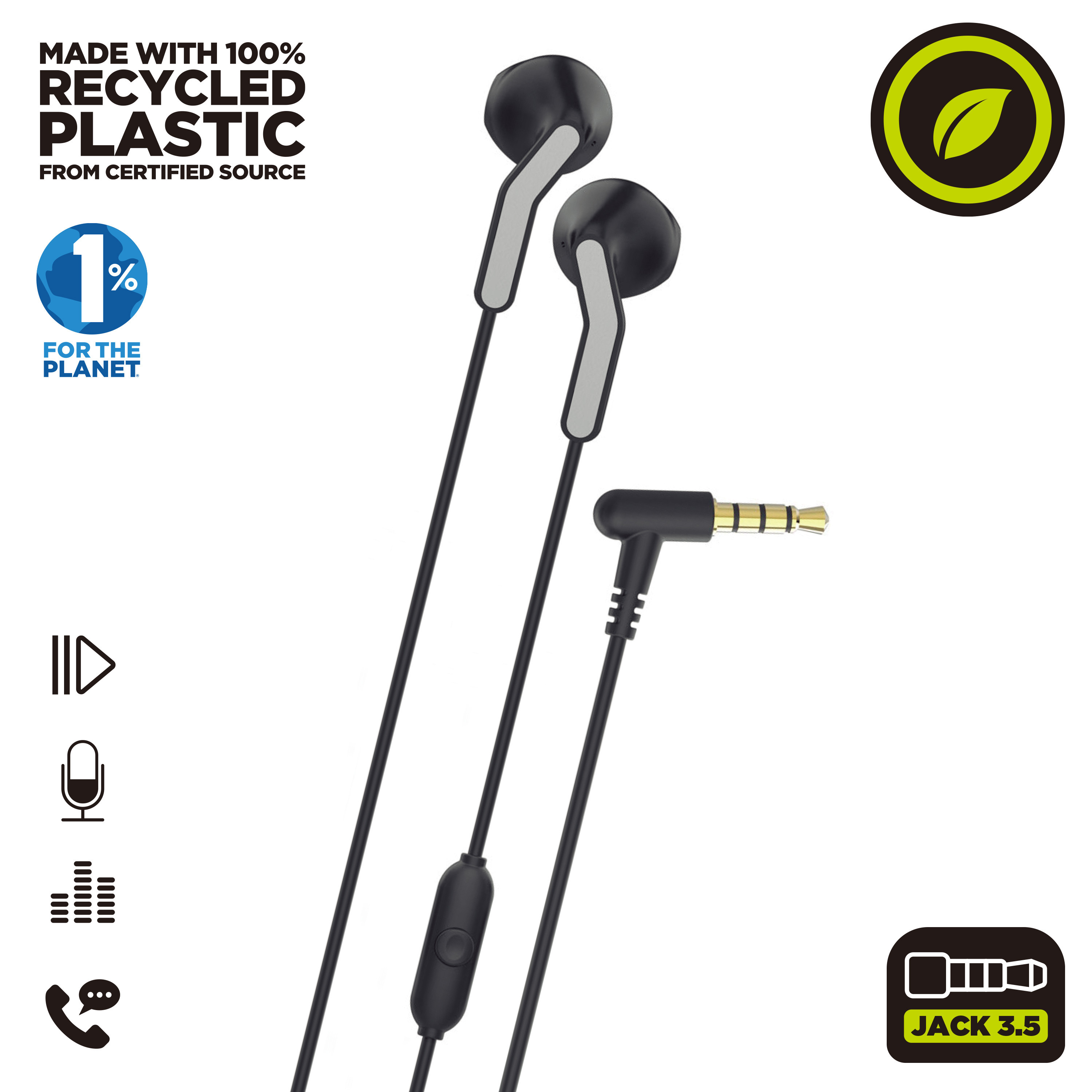 Auricolari neri con accenti bianchi, jack da 3,5 mm e icone su sfondo bianco.