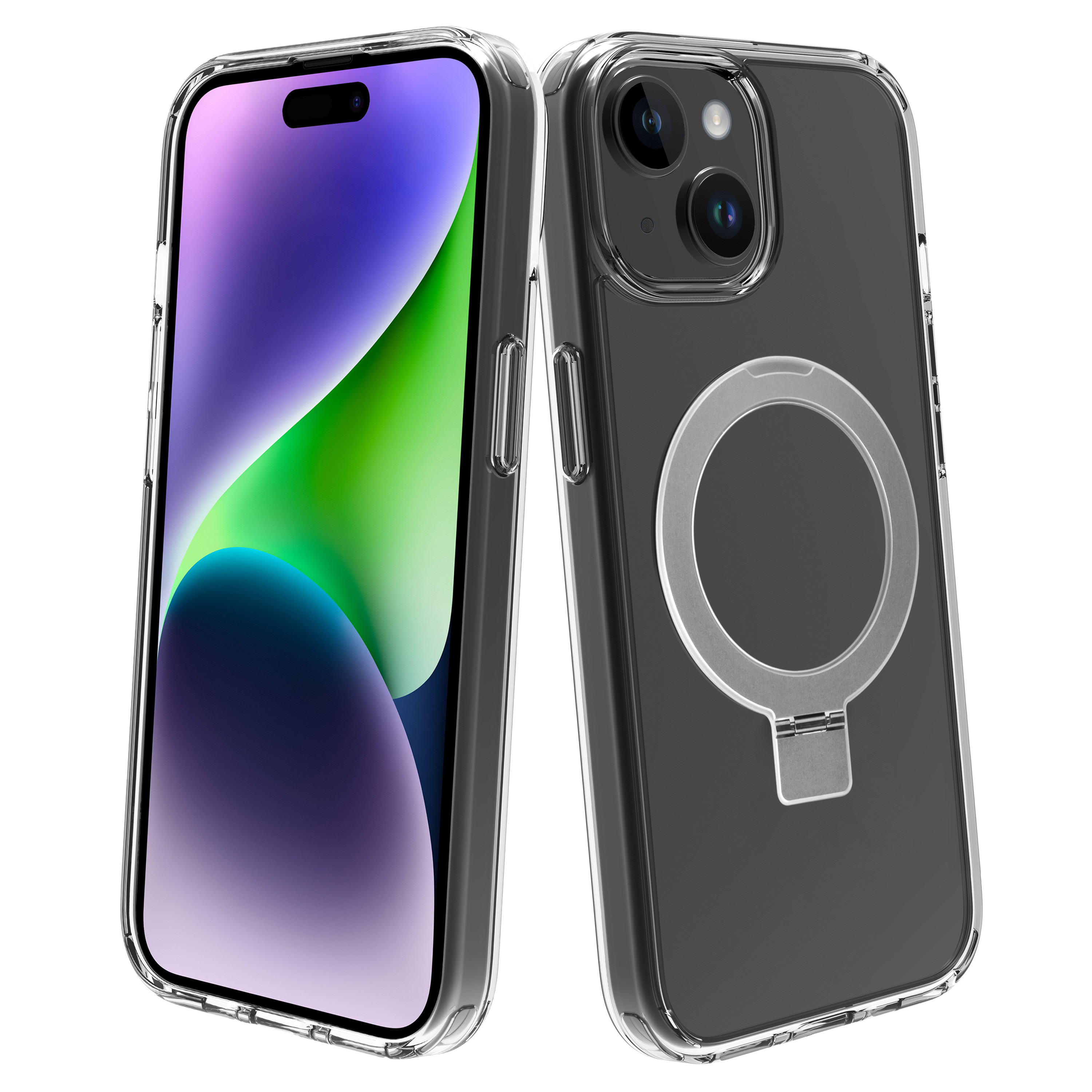 Dos teléfonos en fundas transparentes, uno con MagSafe, vista trasera y frontal.