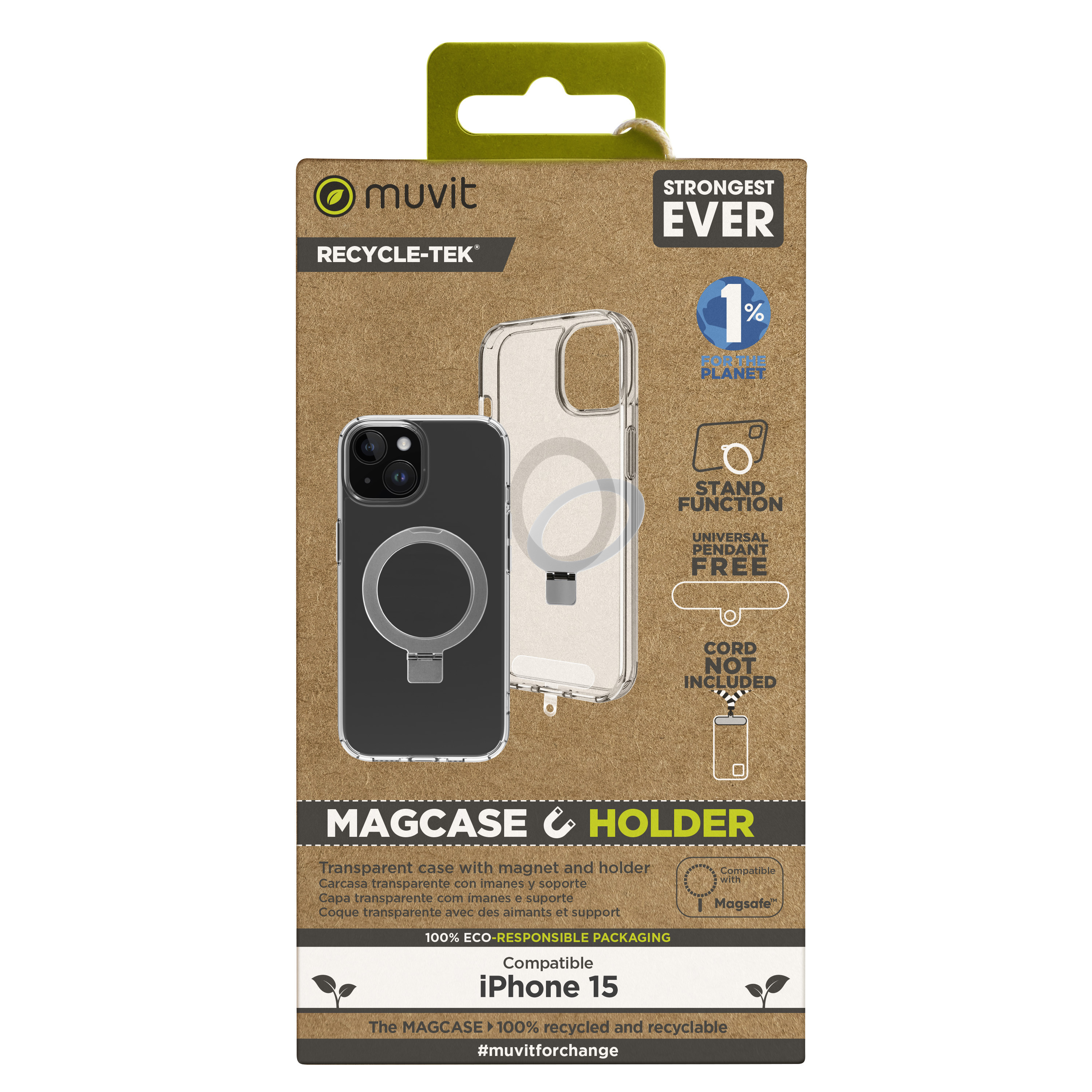 Empaque Muvit Magcase y soporte para iPhone 15, con funda transparente.