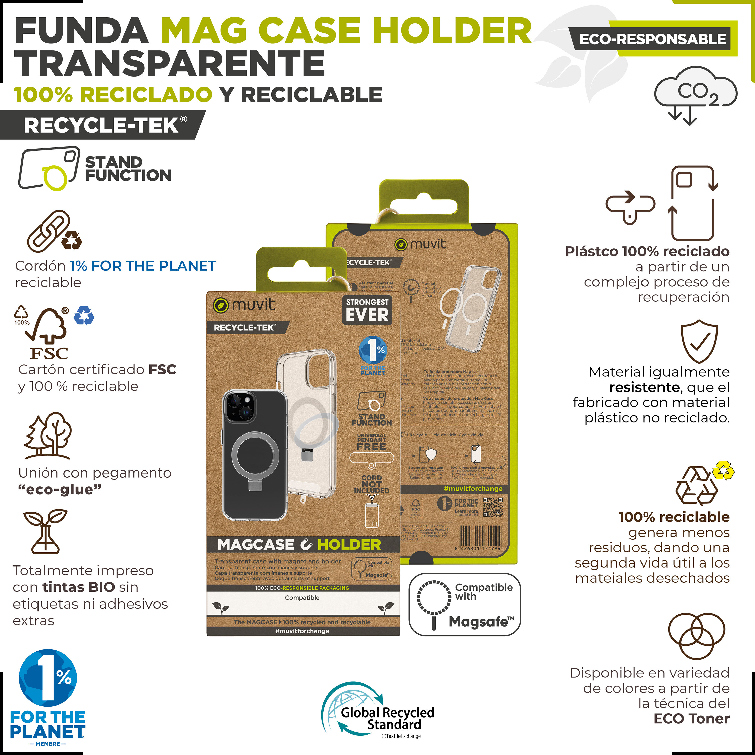 Embalaje para una funda de teléfono con detalles del producto y una funda transparente.