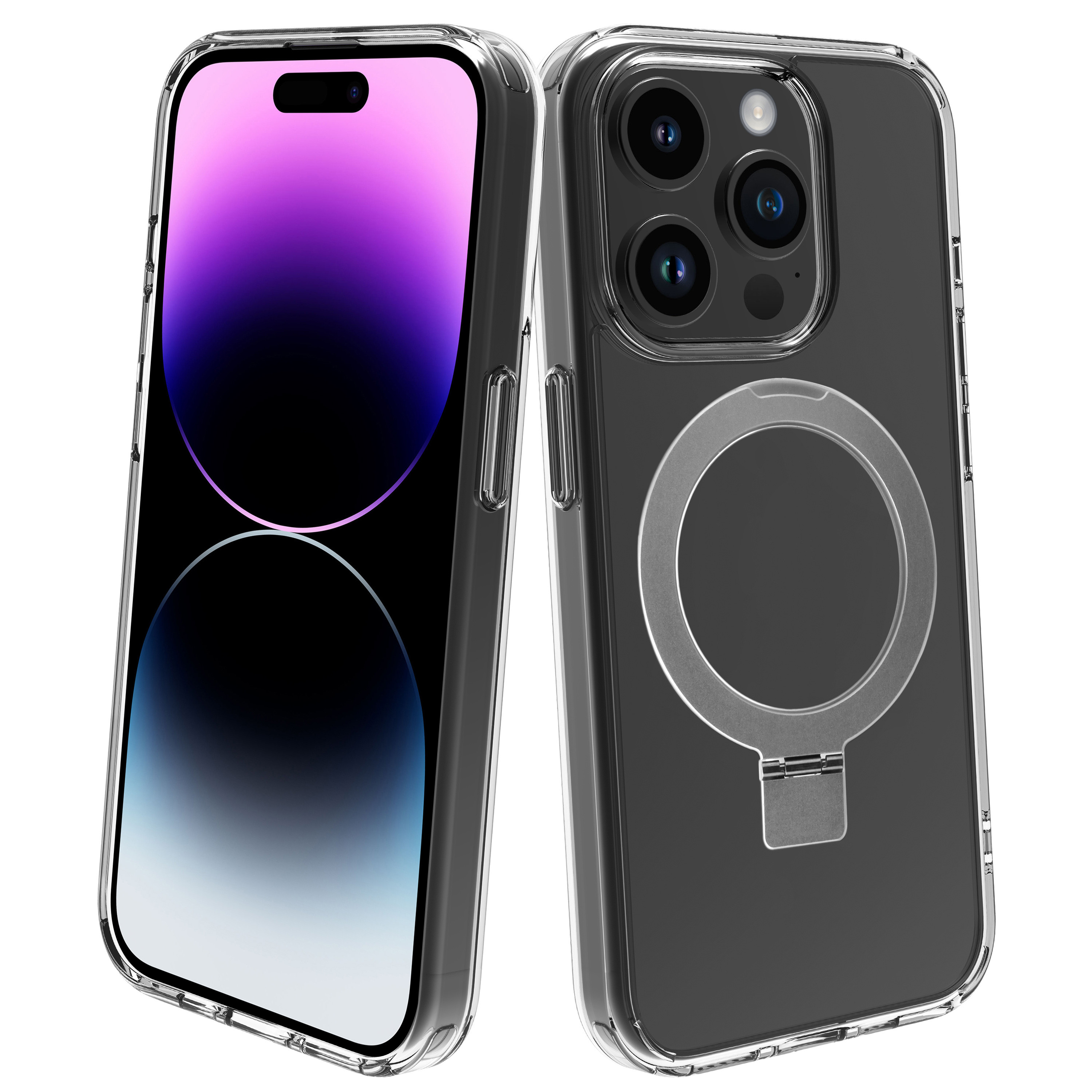 Dos fundas de teléfono en una superficie blanca. Una muestra la pantalla del teléfono, la otra la parte trasera.